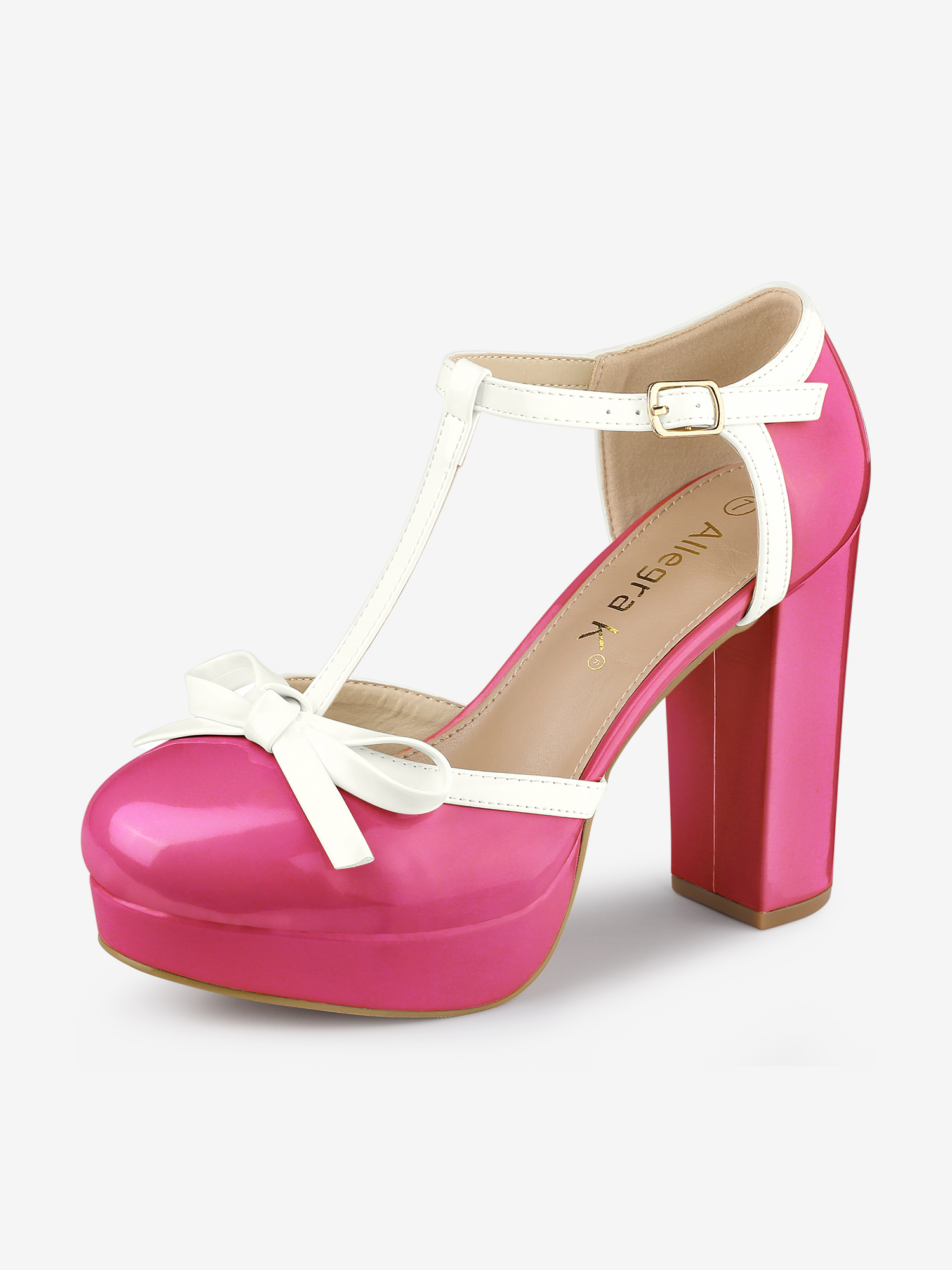 Platform Bow T Strap Chunky Heel Pumps Hot Pink/9