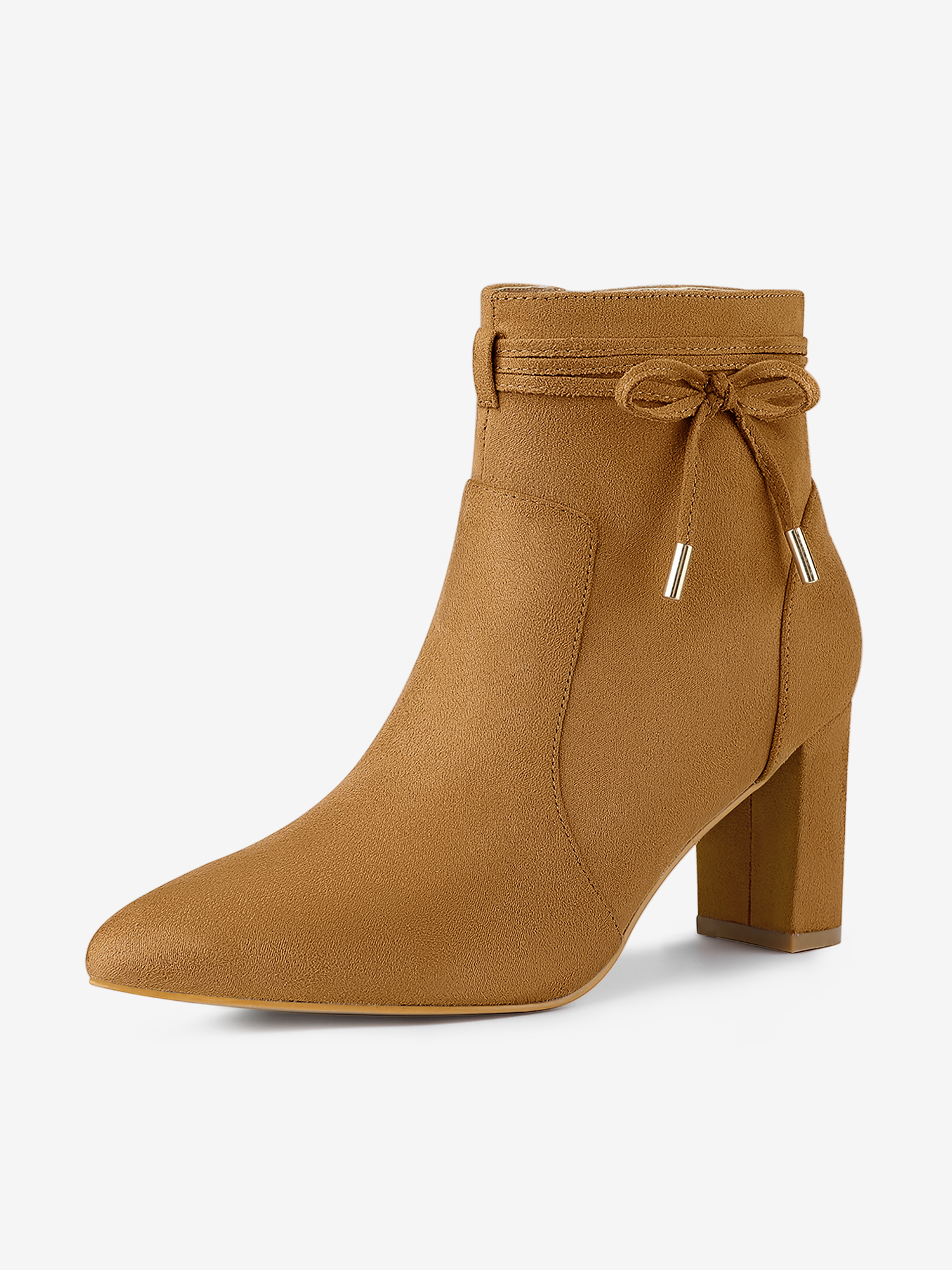 Pointed Toe Block Heel Zipper Ankle Boots Brown/7