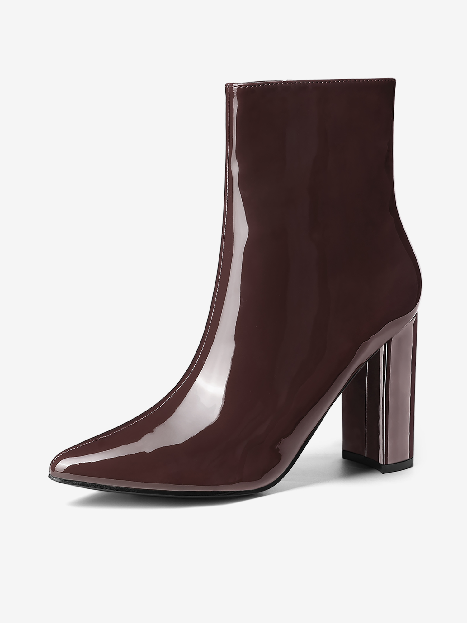 Faux Patent Leather Chunky Heel Pointed Toe Zipper Ankle Boots Coffee/5.5