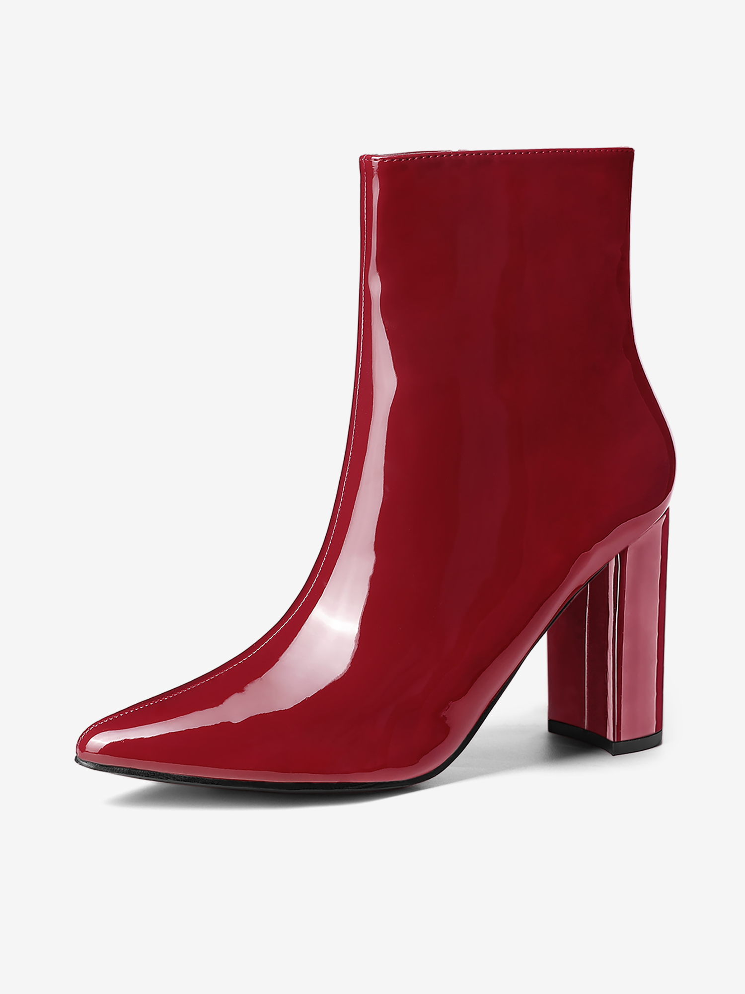 Faux Patent Leather Chunky Heel Pointed Toe Zipper Ankle Boots Red/6