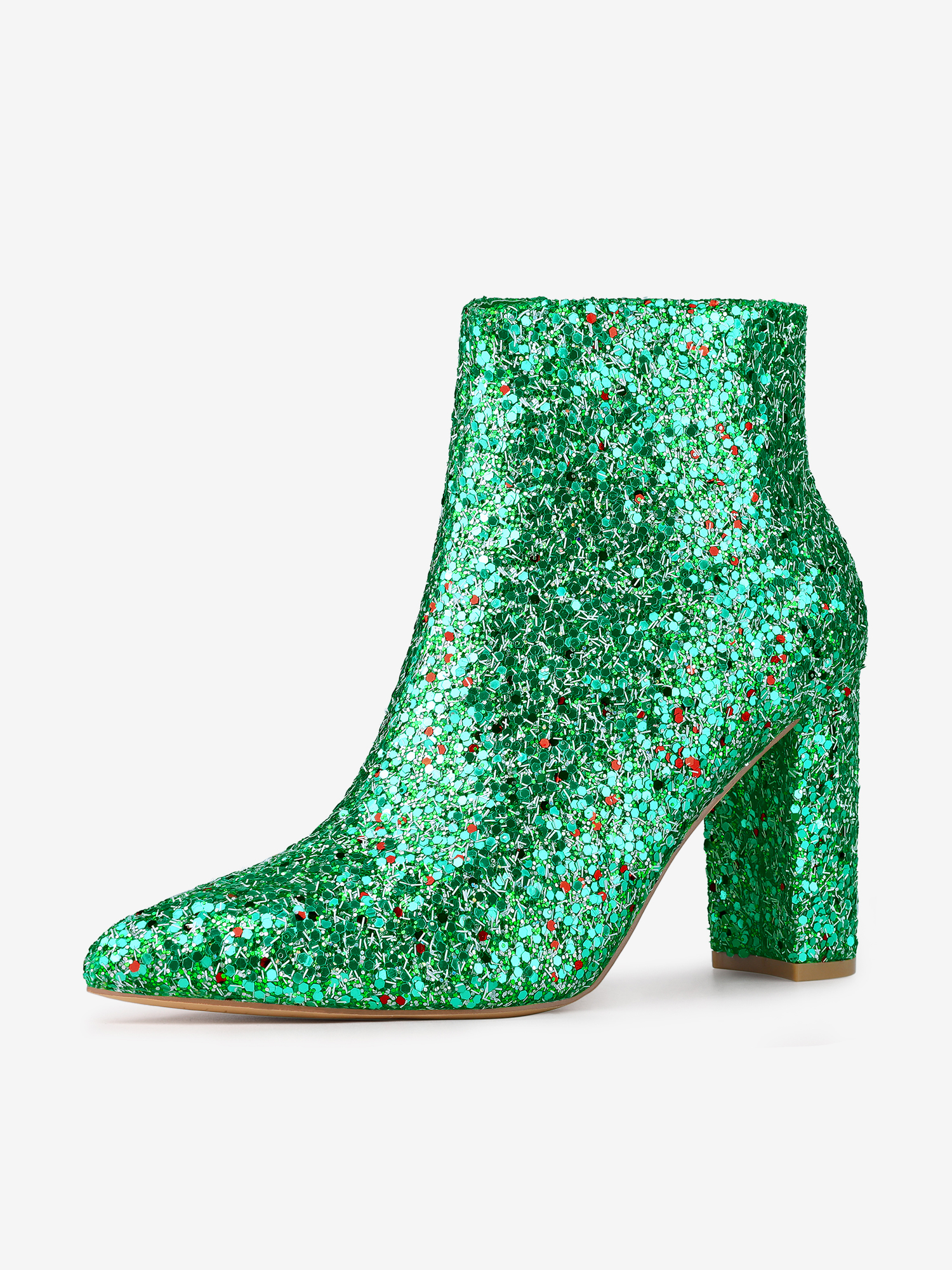 Glitter Pointed Toe Chunky Heel Zipper Ankle Boots Green/9