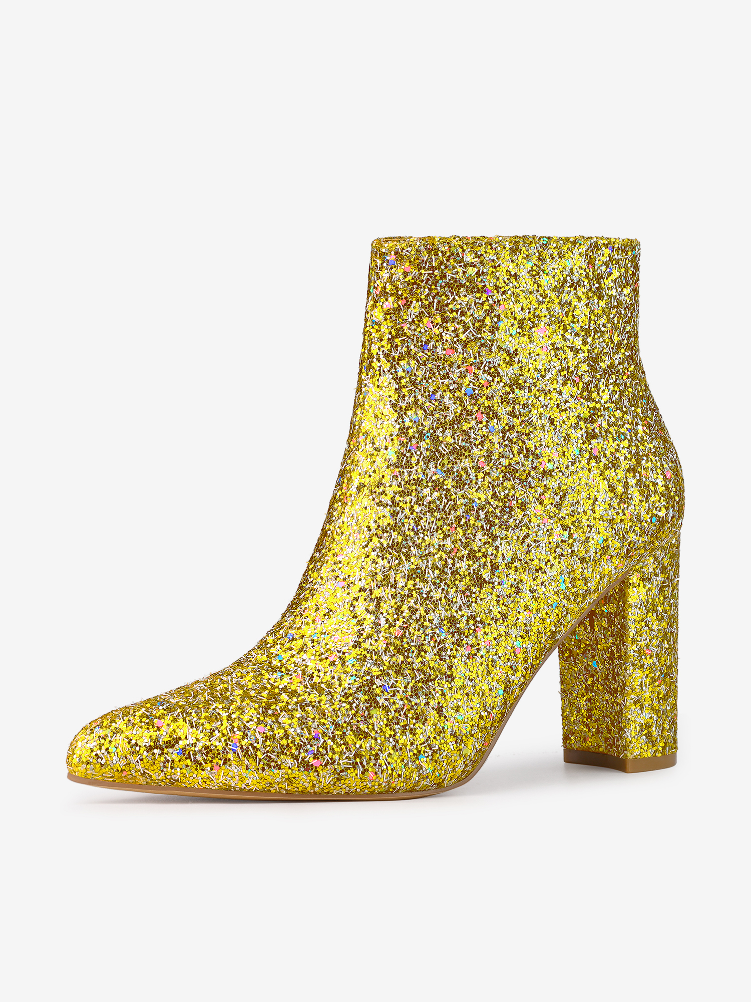 Glitter Pointed Toe Chunky Heel Zipper Ankle Boots Colorful Gold/10
