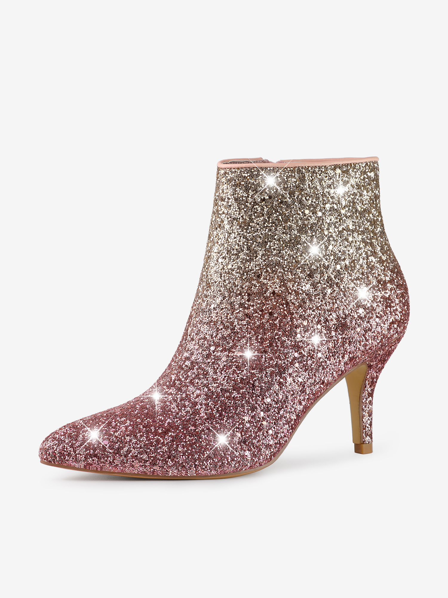 Glitter Pointed Toe Kitten Heel Zipper Ankle Boots Silver Pink/10