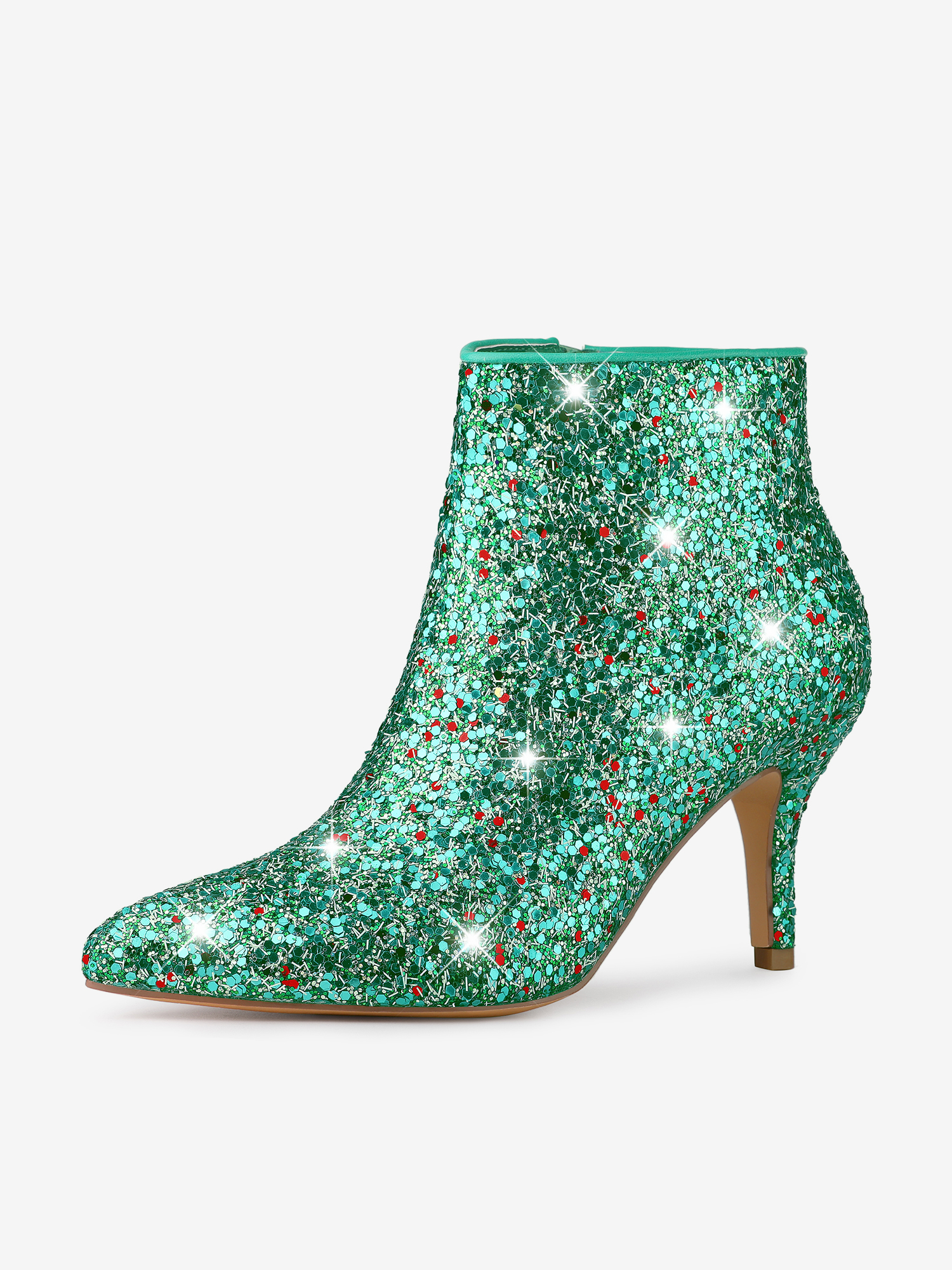 Glitter Pointed Toe Kitten Heel Zipper Ankle Boots Green/7