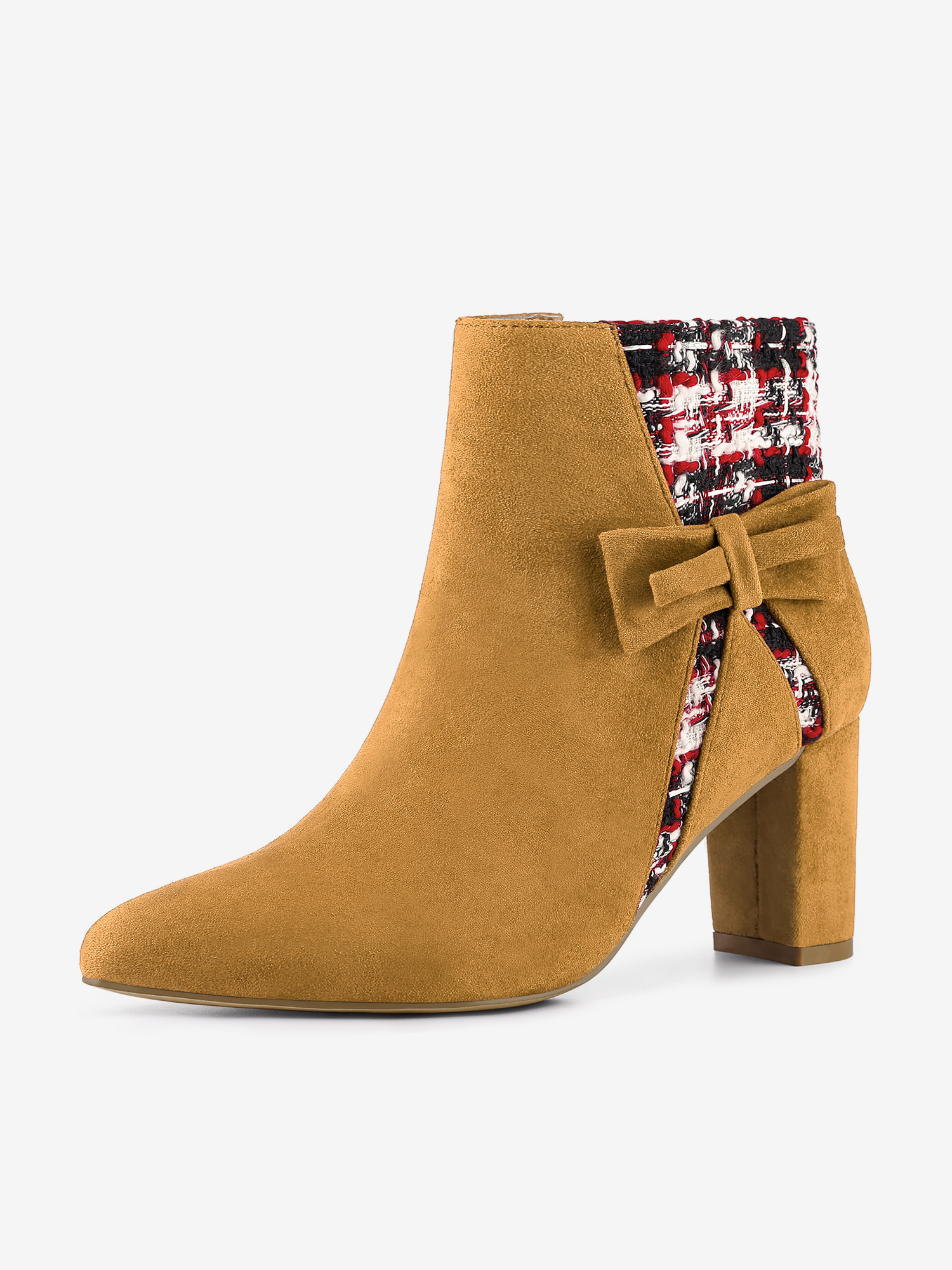 Tweed Plaid Bow Decor Side Zipper Block Heel Ankle Boots Brown/7