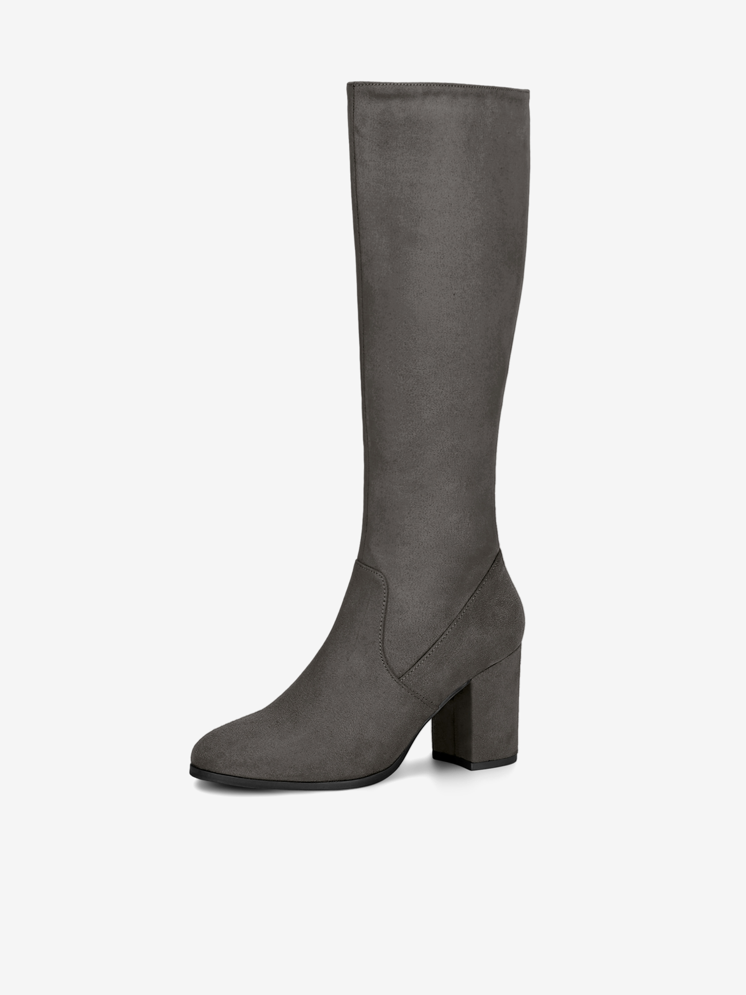Faux Suede Side Zipper Chunky Heel Knee High Boots Gray/7