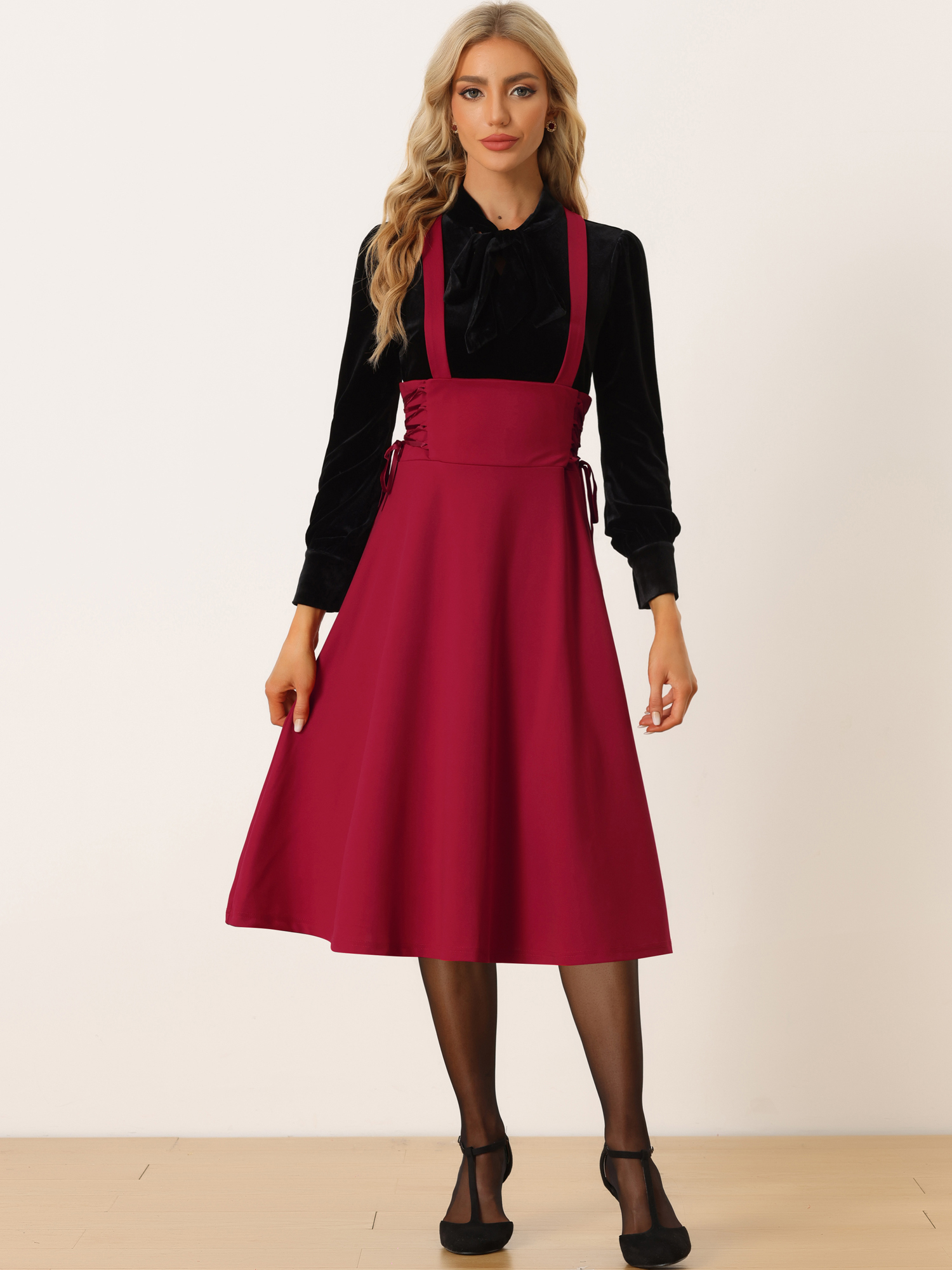 Vintage Overall High Waisted Lace Up Flared Midi Suspender Skirt Red/M