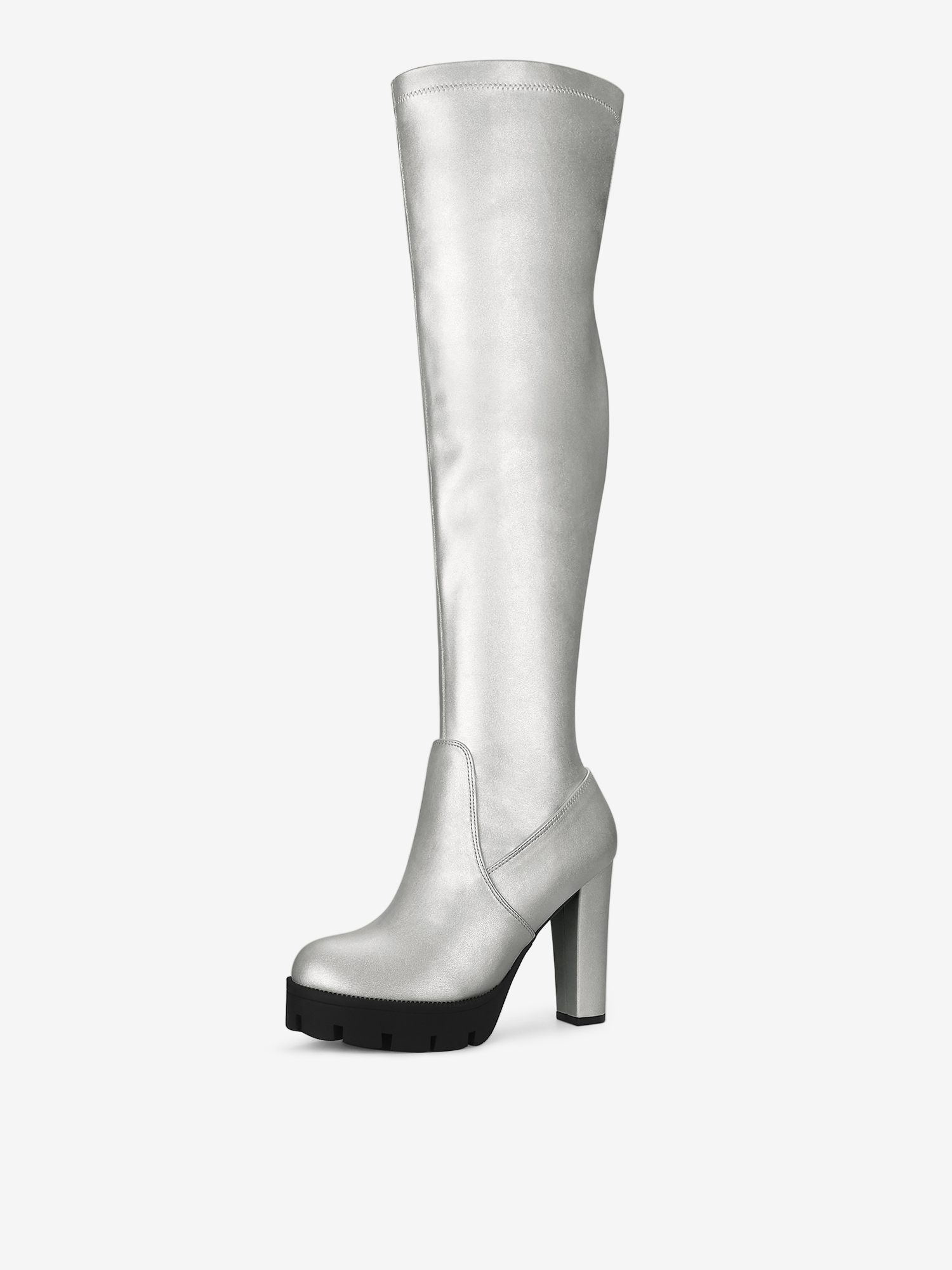Platform Chunky Heel Over Knee High Side Zipper Boots Silver/9