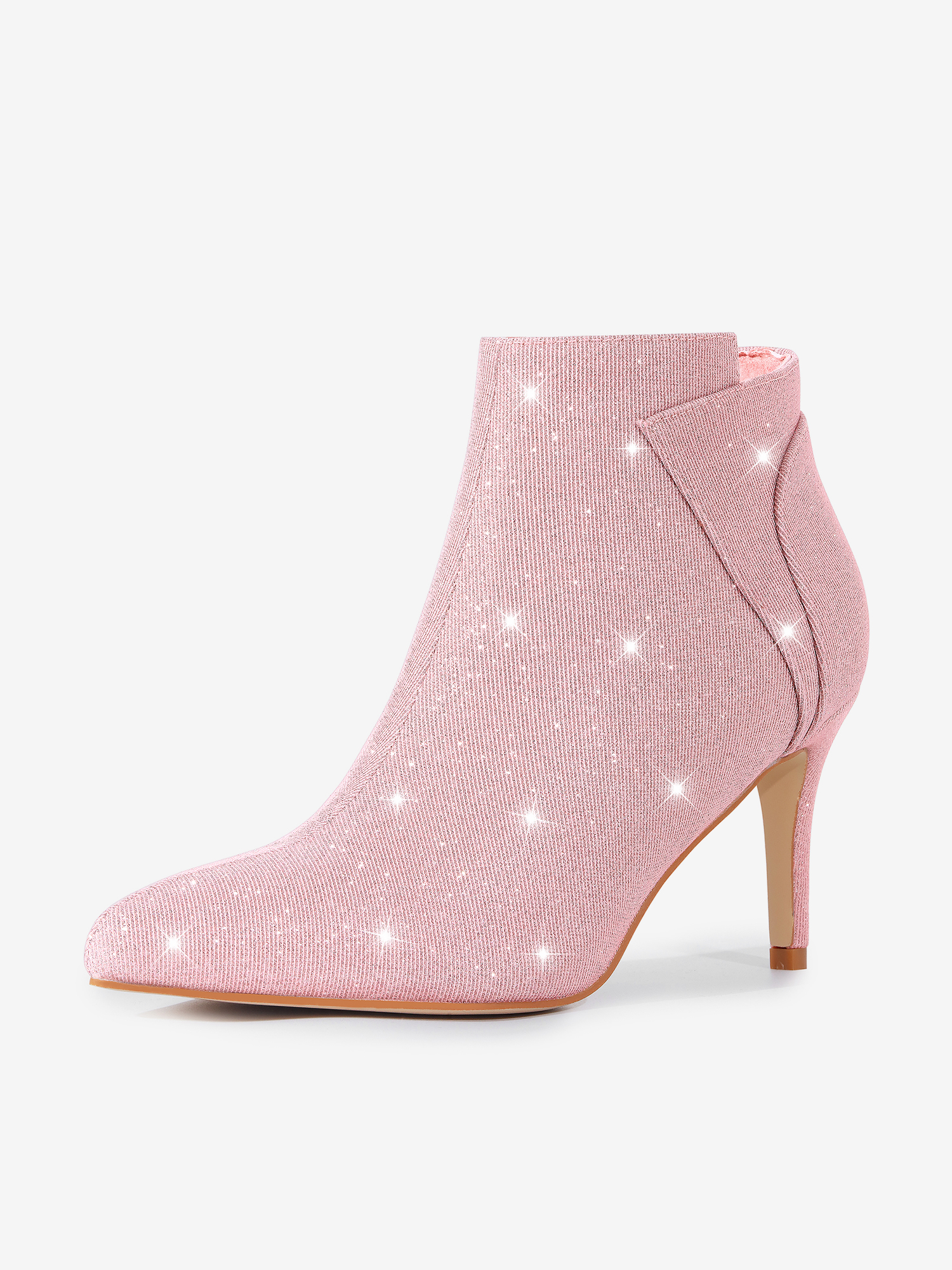 Glitter Pointed Toe Zipper Stiletto Heel Ankle Boots Light Pink/7.5