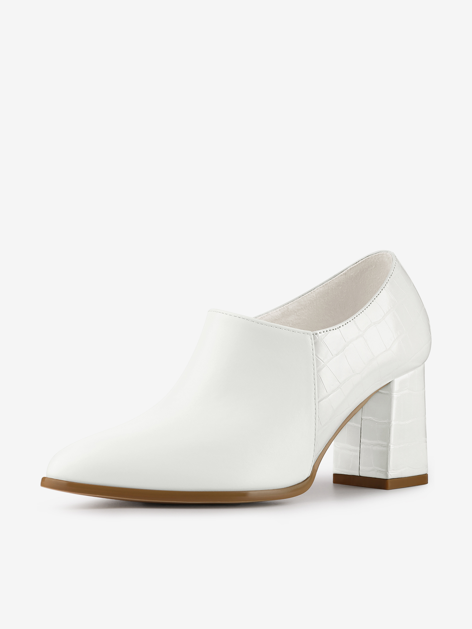 Patchwork Oxford Pointed Toe Chunky Heel Ankle Booties White/9