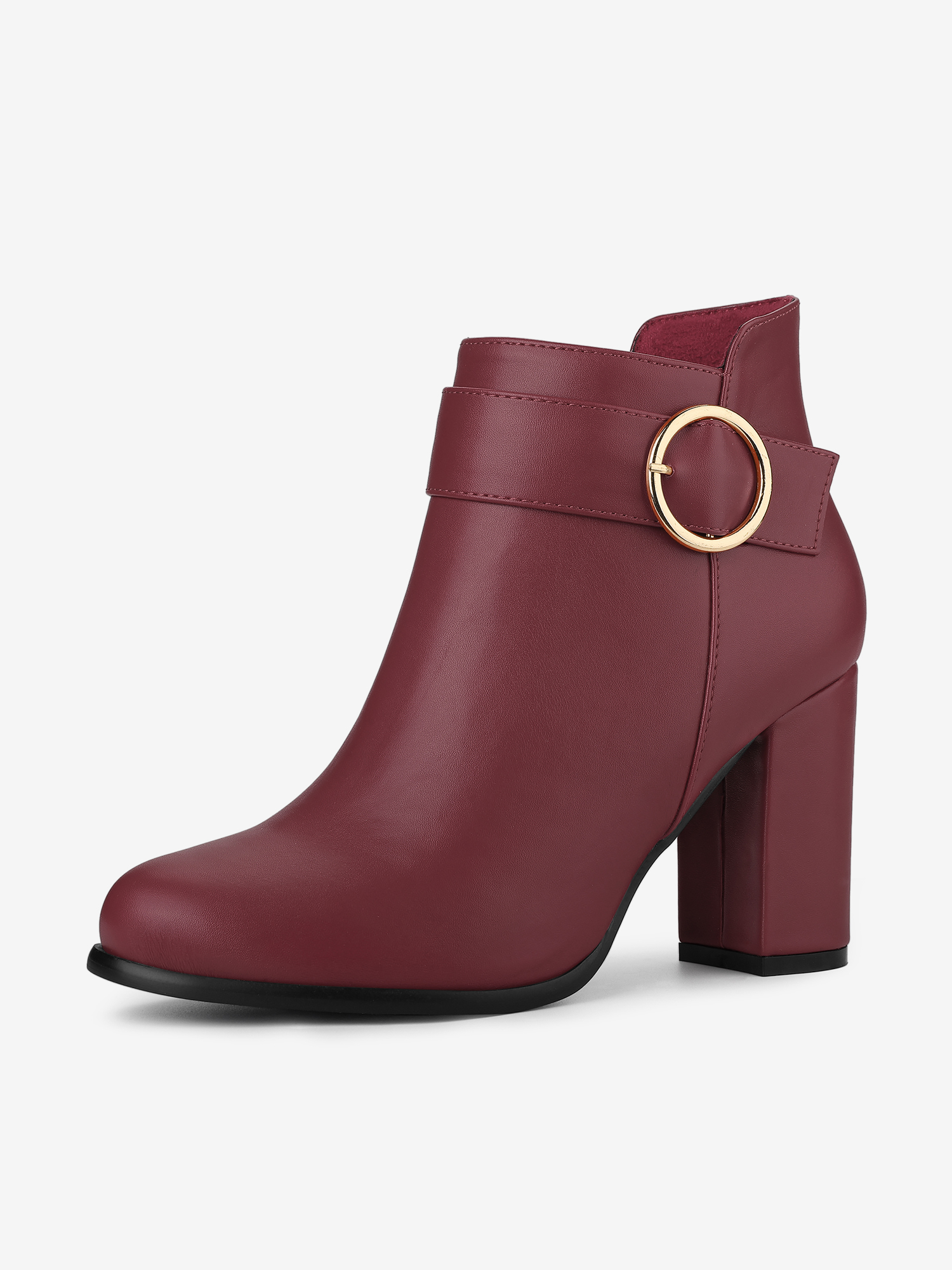 Round Toe Circle Buckle Chunky Heel Ankle Boots Burgundy/9