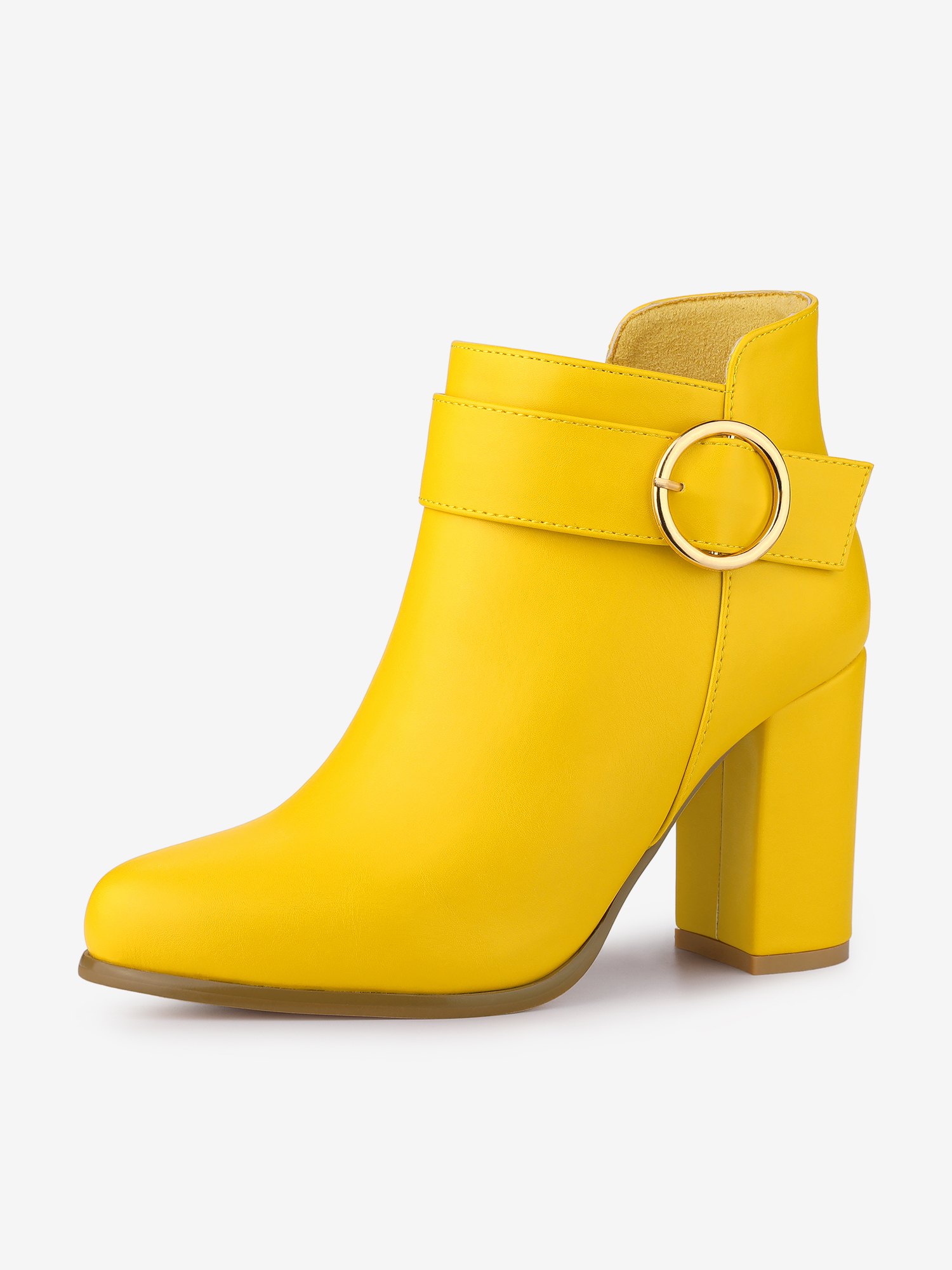 Round Toe Circle Buckle Chunky Heel Ankle Boots Yellow/8