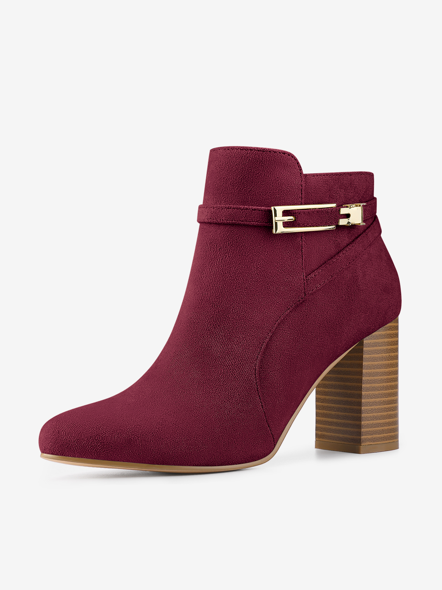 Round Toe Buckle Chunky Heel Ankle Boots Burgundy/7.5