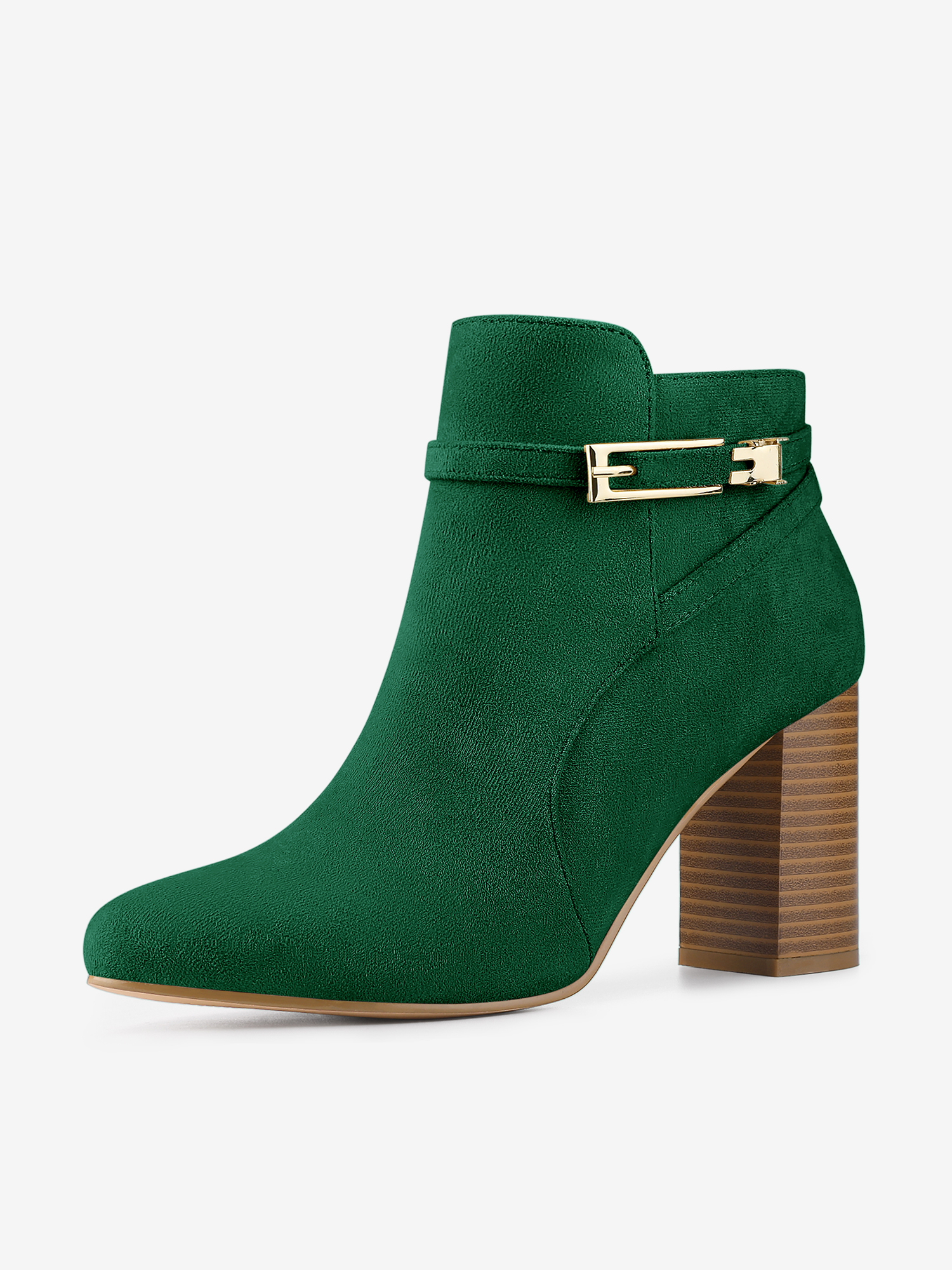 Round Toe Buckle Chunky Heel Ankle Boots Green/9