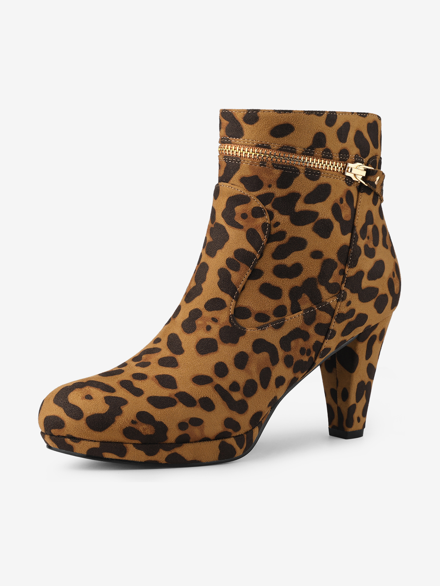 Faux Suede Round Toe Ankle Mid Block Heel Boots Leopard/6.5