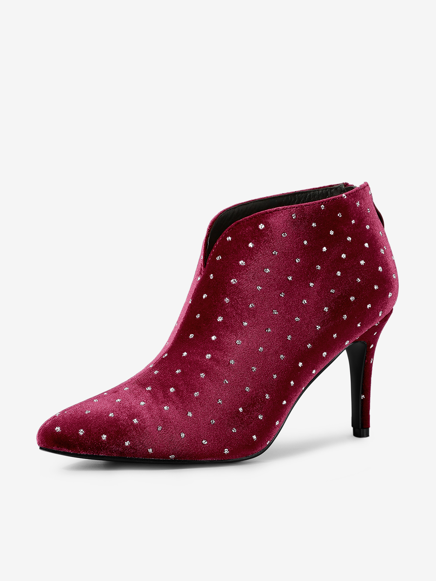 Velvet Polka Dot V Cutout Pointed Toe Heel Ankle Boots Fuchsia/7.5