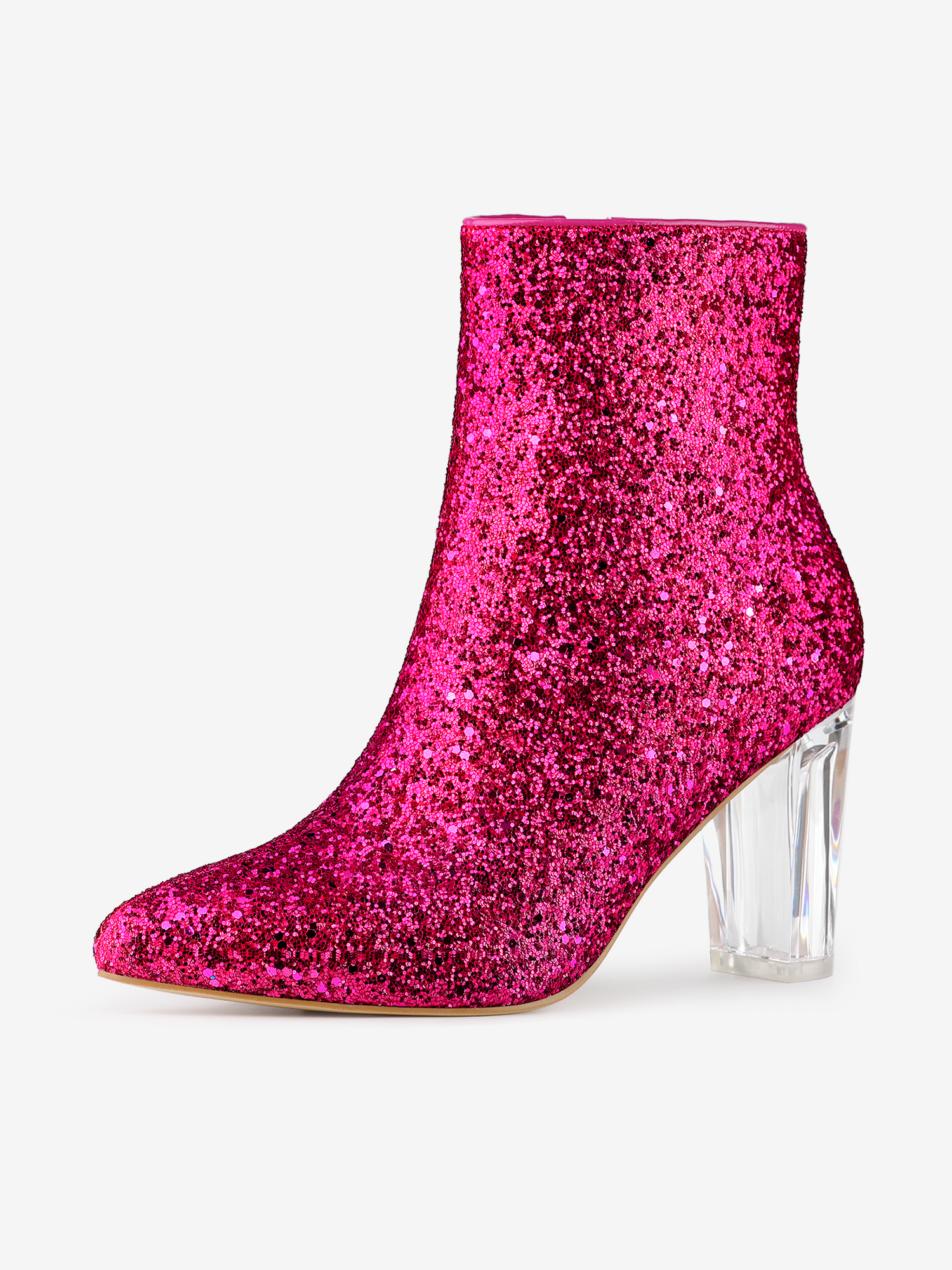 Pointed Toe Clear Block Heel Glitter Ankle Boots Hot Pink/9.5