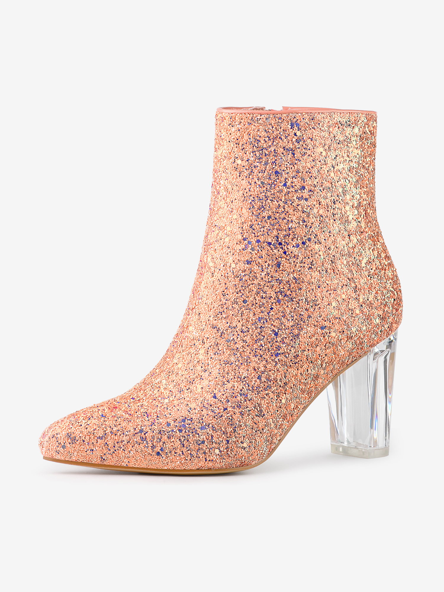 Pointed Toe Clear Block Heel Glitter Ankle Boots Orange/5.5