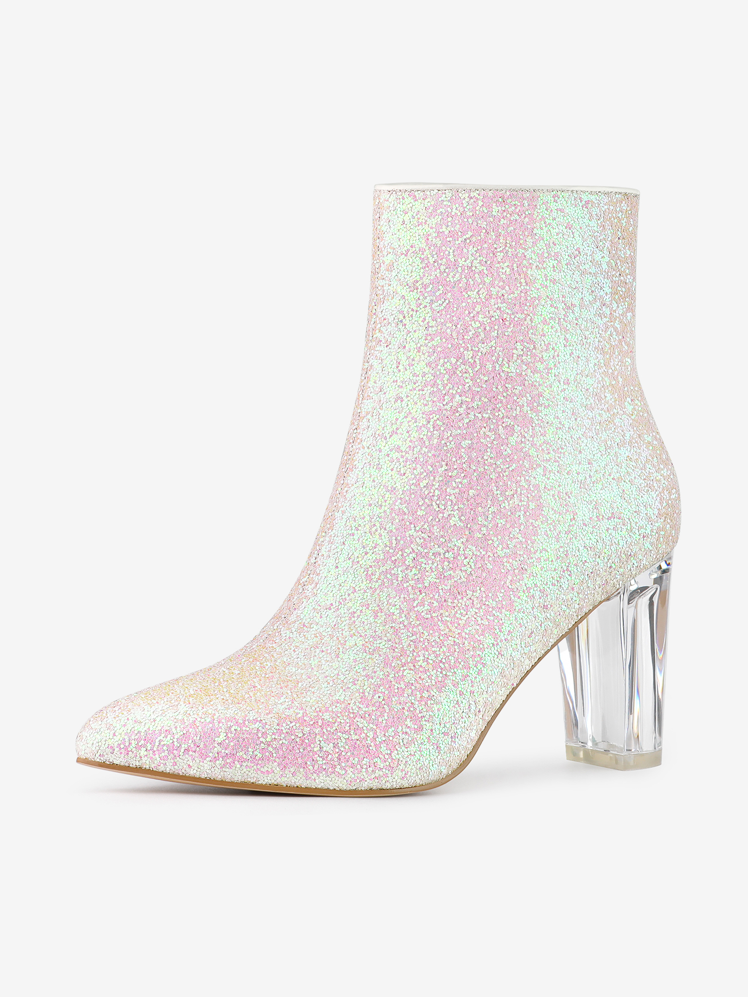 Pointed Toe Clear Block Heel Glitter Ankle Boots Bling White/7
