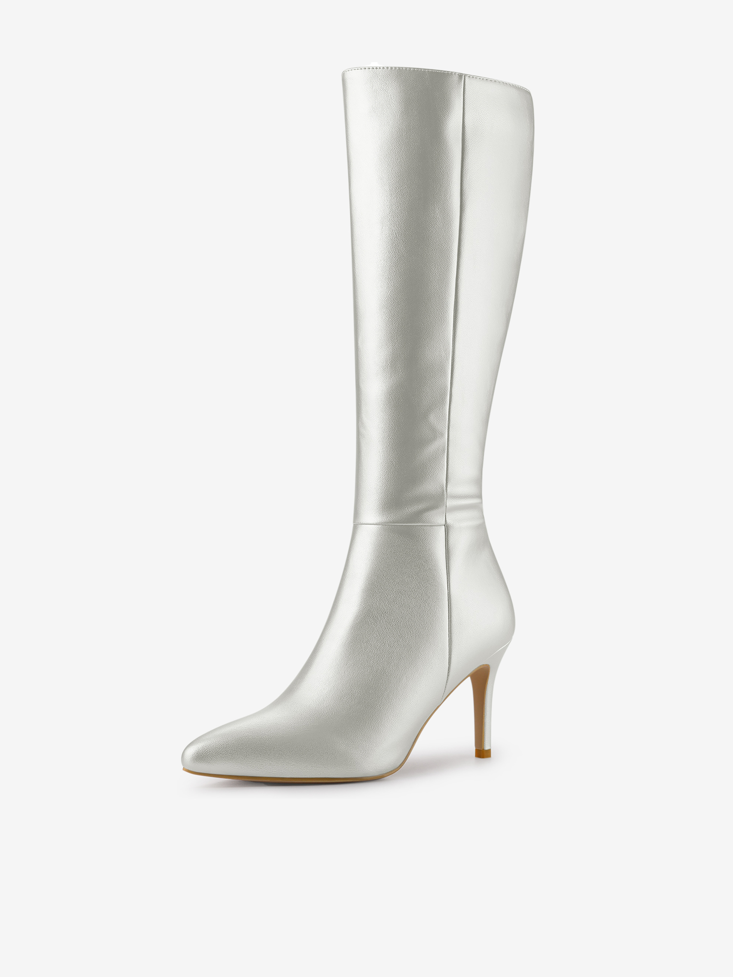 Pointed Toe Stiletto High Heel Zipper Knee High Boots Silver/7.5