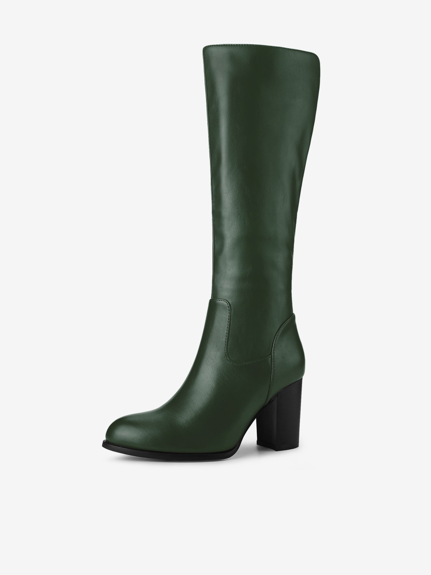 Faux Leather Round Toe Block Heel Knee High Boots Dark Green/6