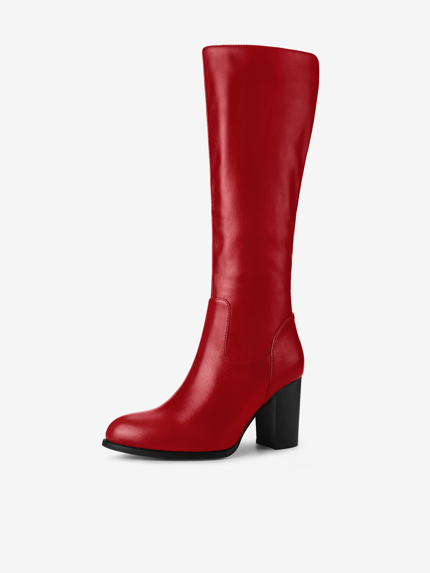 Faux Leather Round Toe Block Heel Knee High Boots Red/7