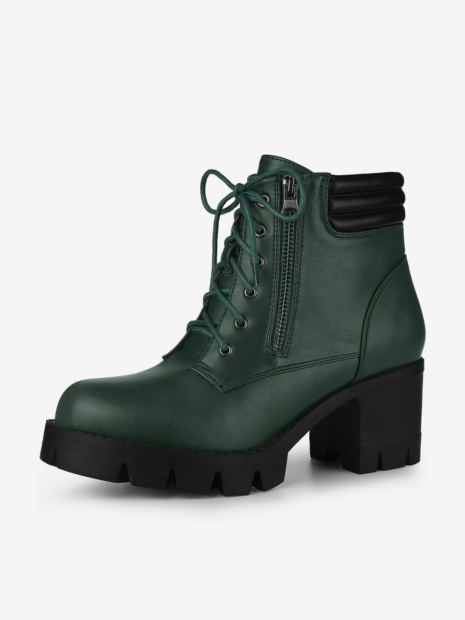 Lug Sole Zip Combat Block Heel Ankle Boots Dark Green/8.5