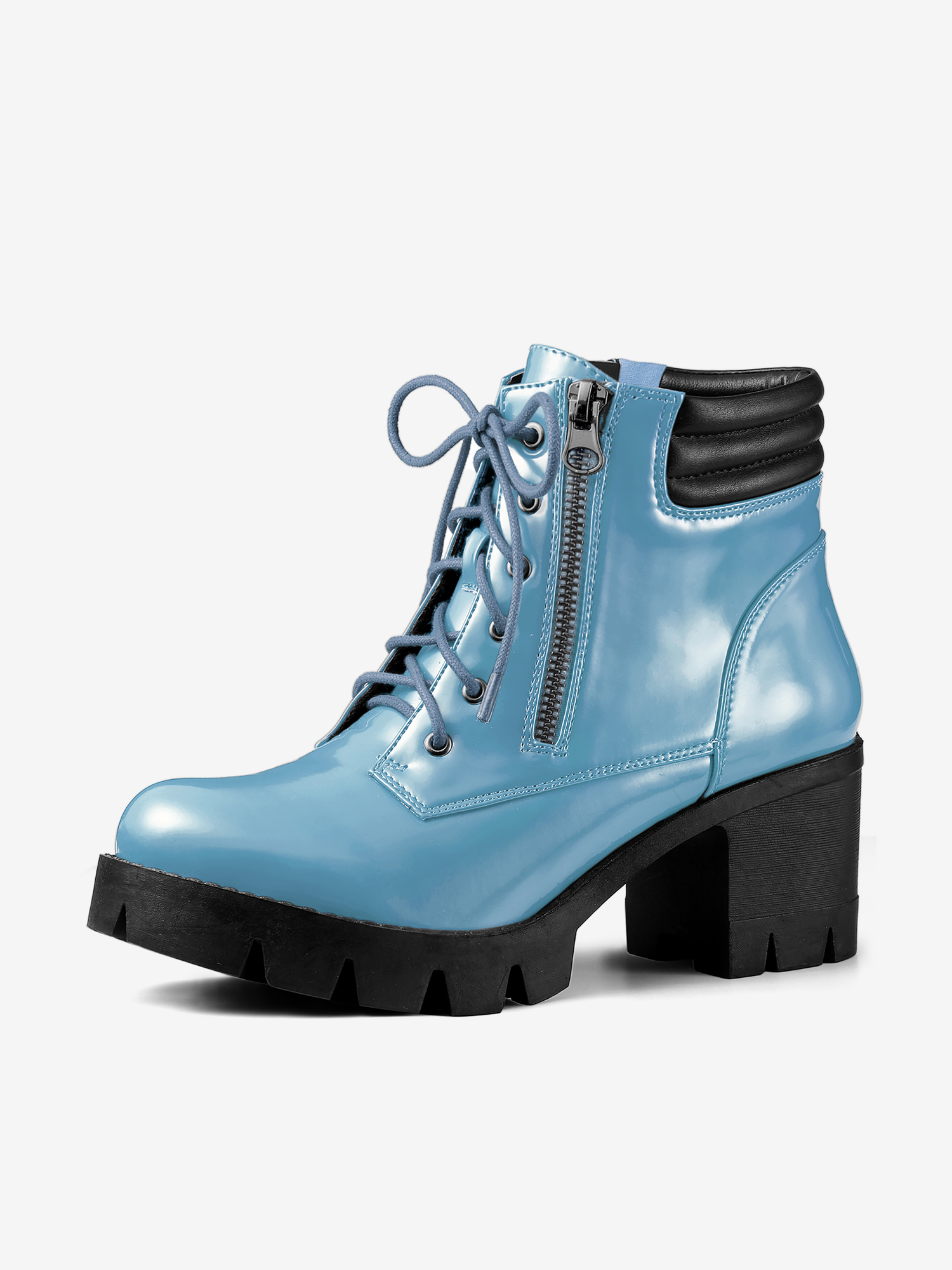 Lug Sole Zip Combat Block Heel Ankle Boots Sky Blue/7