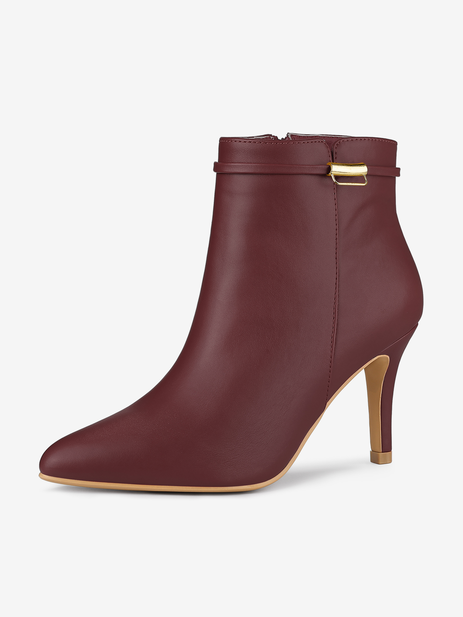 Stiletto Heel Pointed Toe Side Zipper Faux Leather Ankle Boots Burgundy/5.5