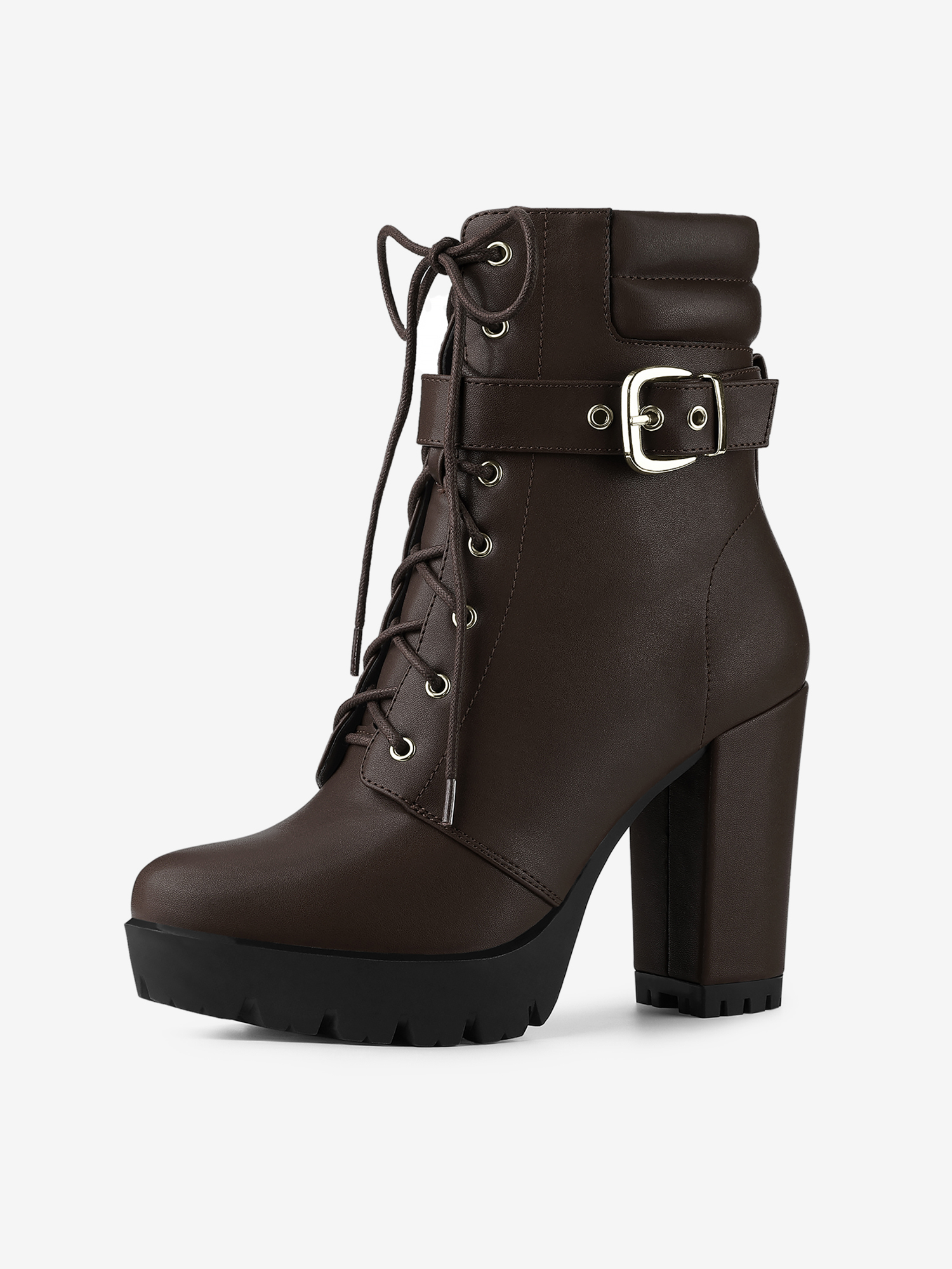 Lace Up Belt Decor Platform Block Heel Combat Ankle Boots Coffee/8