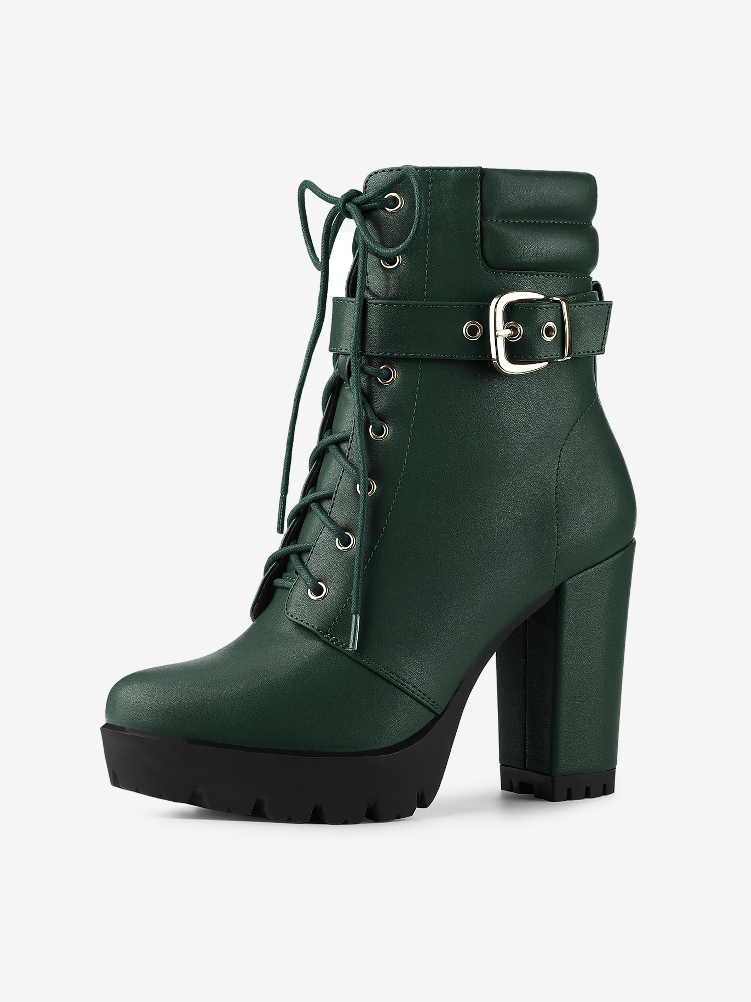 Lace Up Belt Decor Platform Block Heel Combat Ankle Boots Dark Green/9