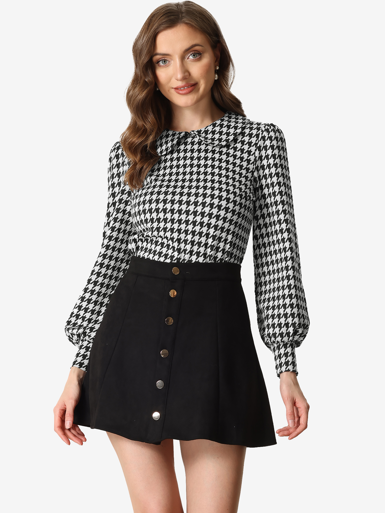 Peter Pan Collar Houndstooth Plaid Long Sleeve Button Back Blouse Black/XL