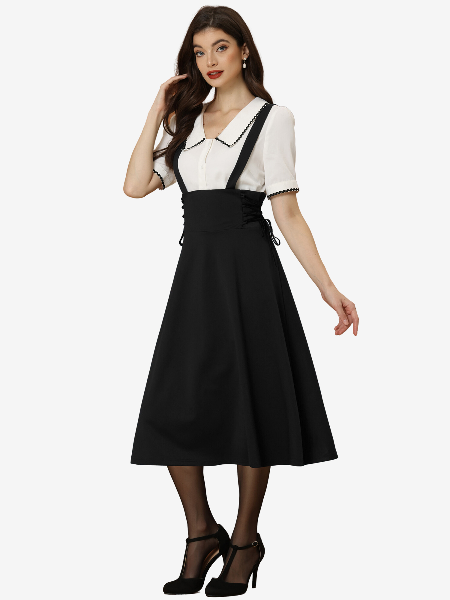 Vintage Overall High Waisted Lace Up Flared Midi Suspender Skirt Black/S