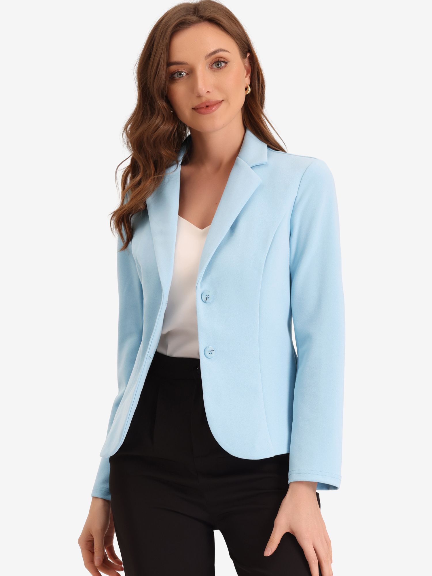 Notched Lapel Collar Stretch Work Office Workwear Jacket Blazer Blue/L