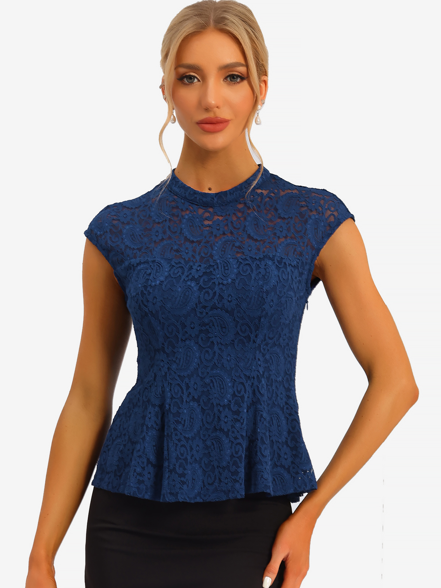 Crochet Peplum Floral Mock Neck Cap Sleeve Lace Blouse Dark Blue/S