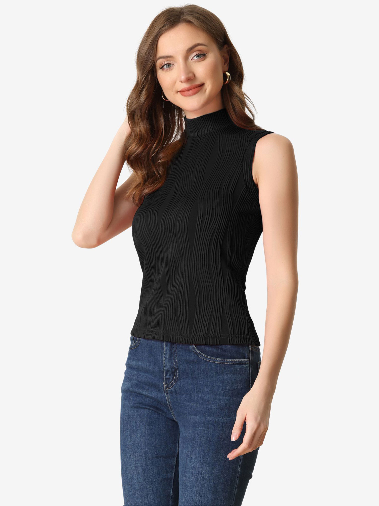 Sleeveless Fitted Top Mock Neck Textured Ribbed Knit Tank Tops Black/L