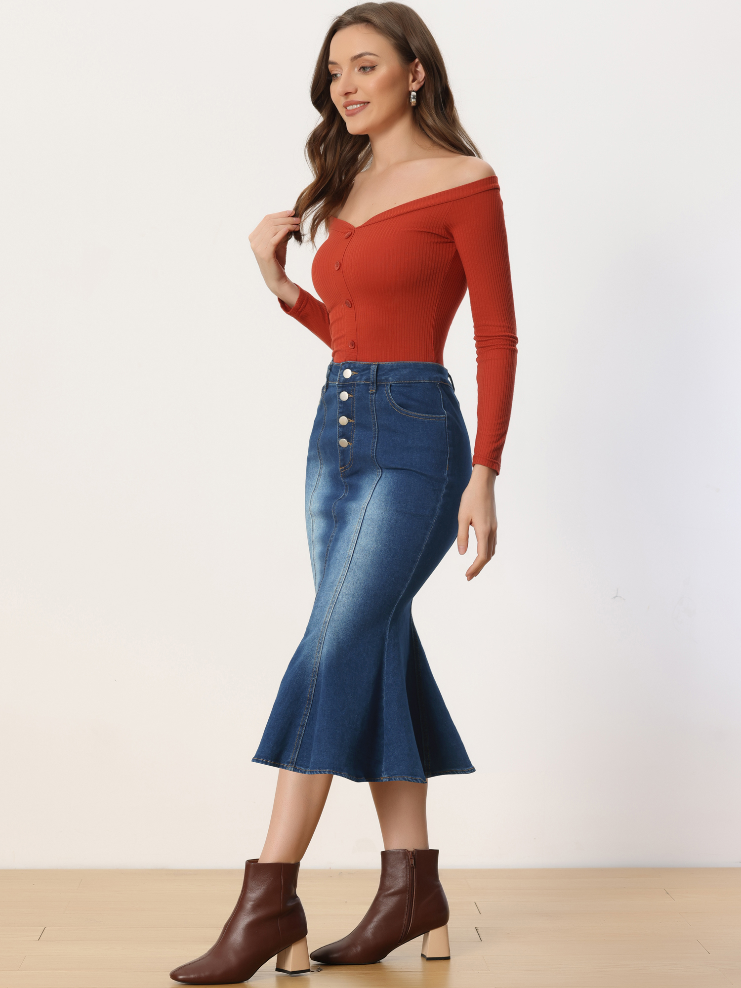 Fishtail Denim Button Pockets Distressed Midi Skirt Blue/XL