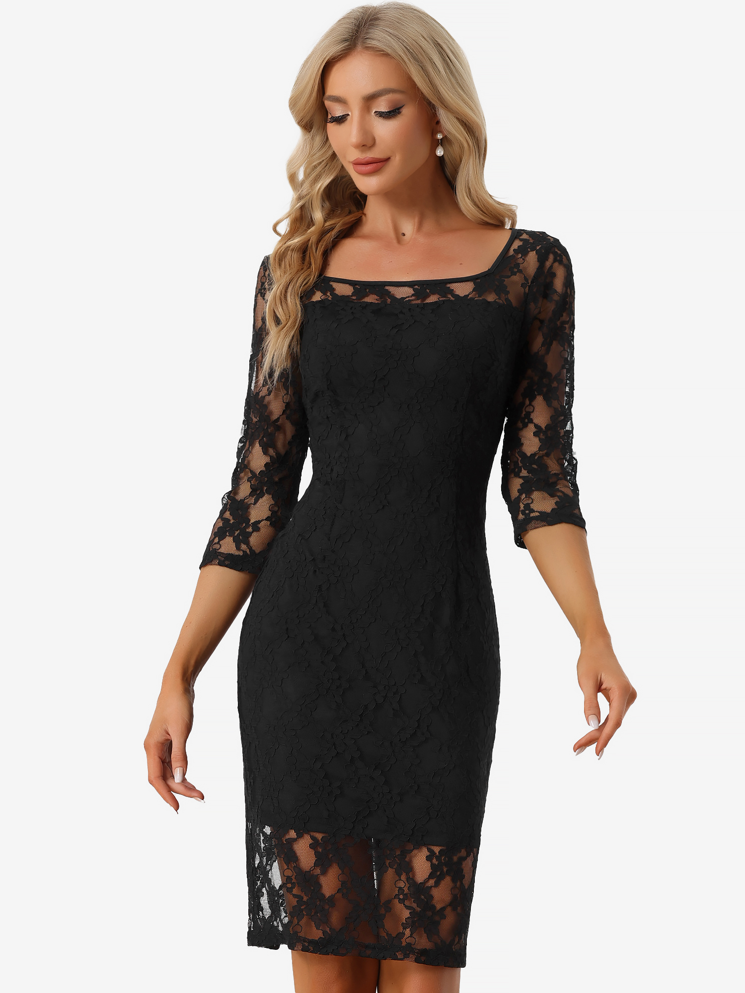 Lace 3/4 Sleeve Dress Square Neck Midi Straight Tired Black/XS