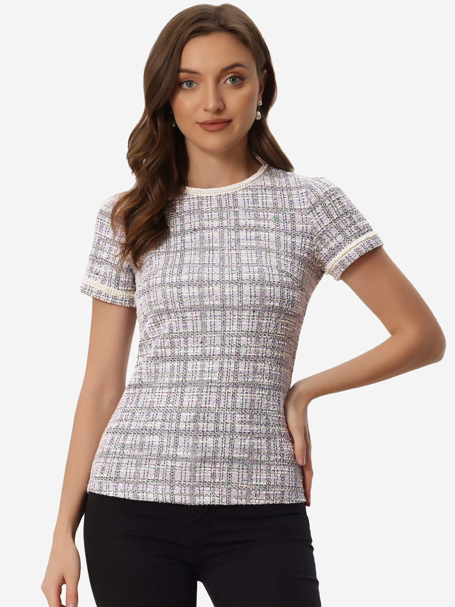 Tweed Short Sleeve Top Casual Round Neck Pearl Decoration Blouse Apricot/XL