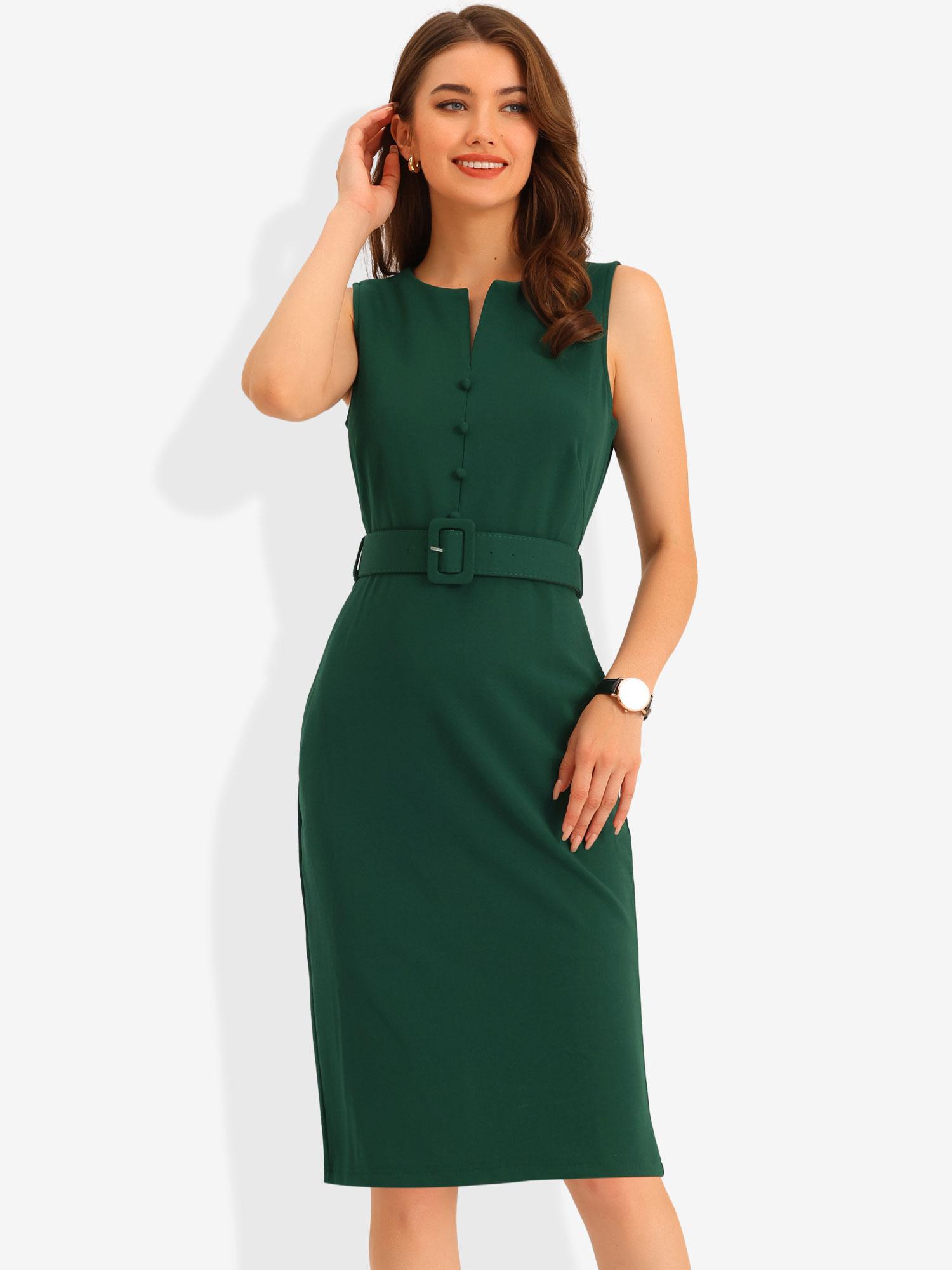Elegant Sleeveless Work Round Neck Bodycon Sheath Dress Green/M