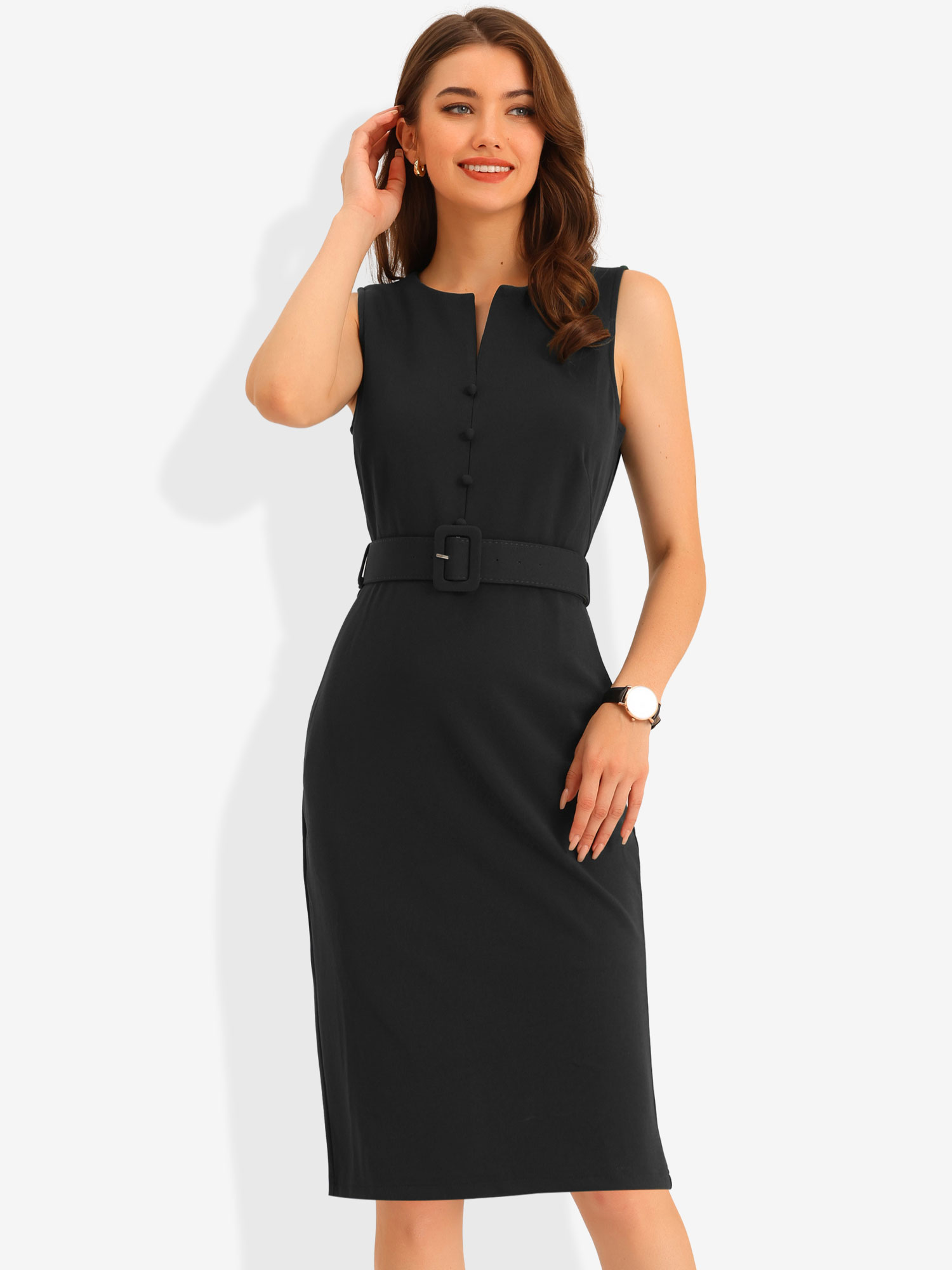 Elegant Sleeveless Work Round Neck Bodycon Sheath Dress Black/L