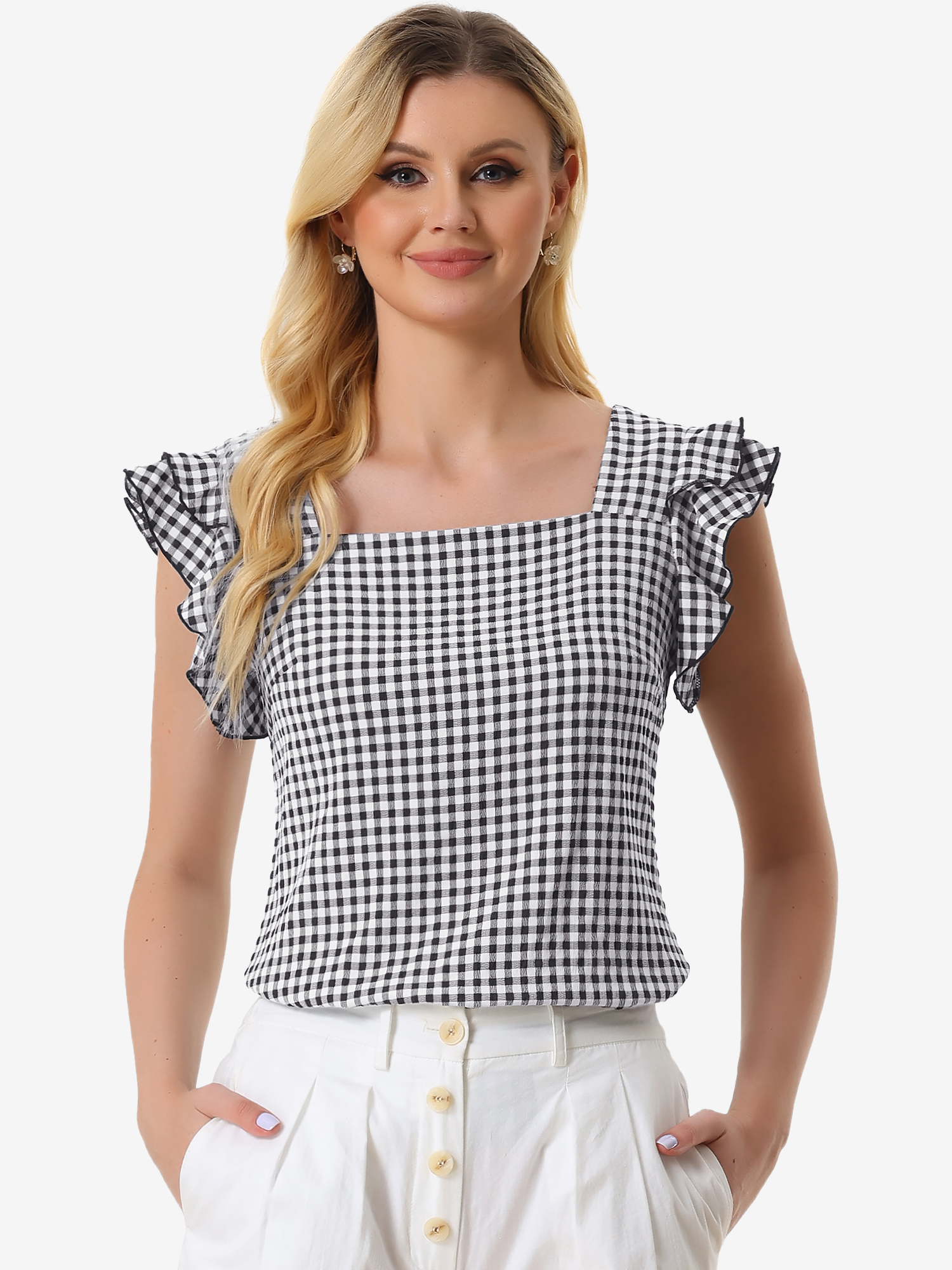 Summer Gingham Tops Square Neck Ruffle Cap Sleeve Blouse Black/XS