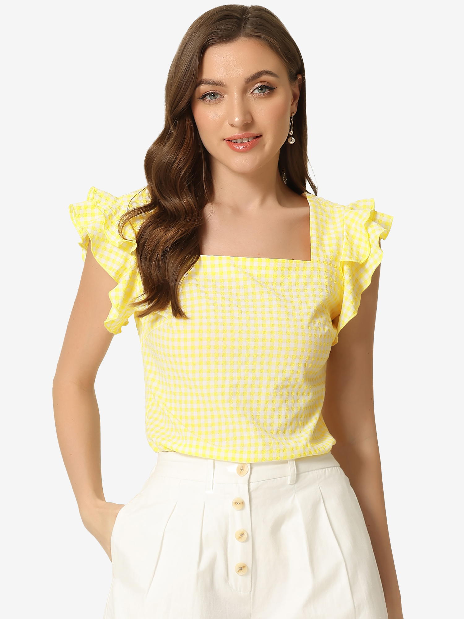 Summer Gingham Tops Square Neck Ruffle Cap Sleeve Blouse Yellow/S