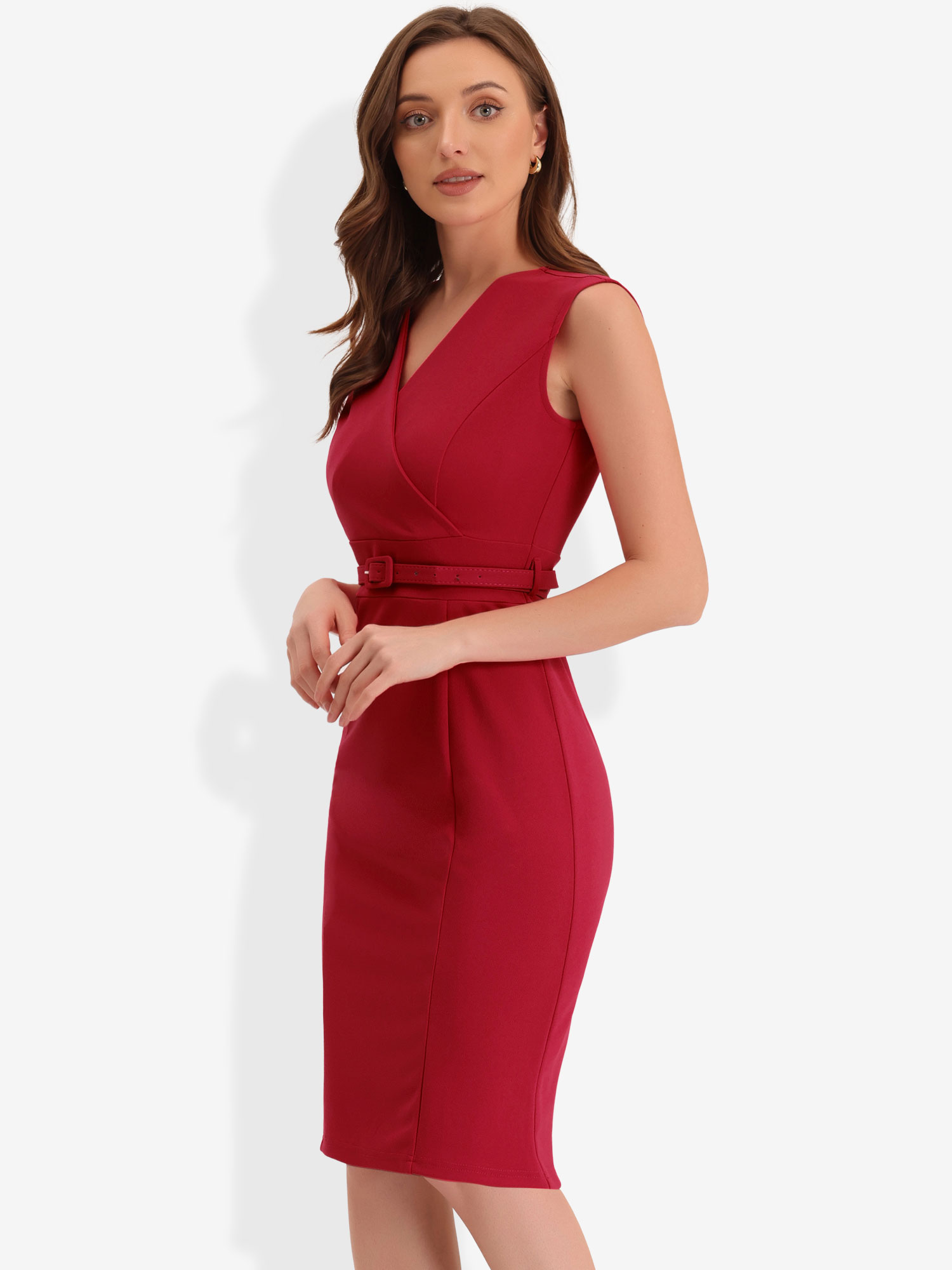 Solid Color V Neck Sleeveless Belted Business Office Midi Sheath Dress Red/XL