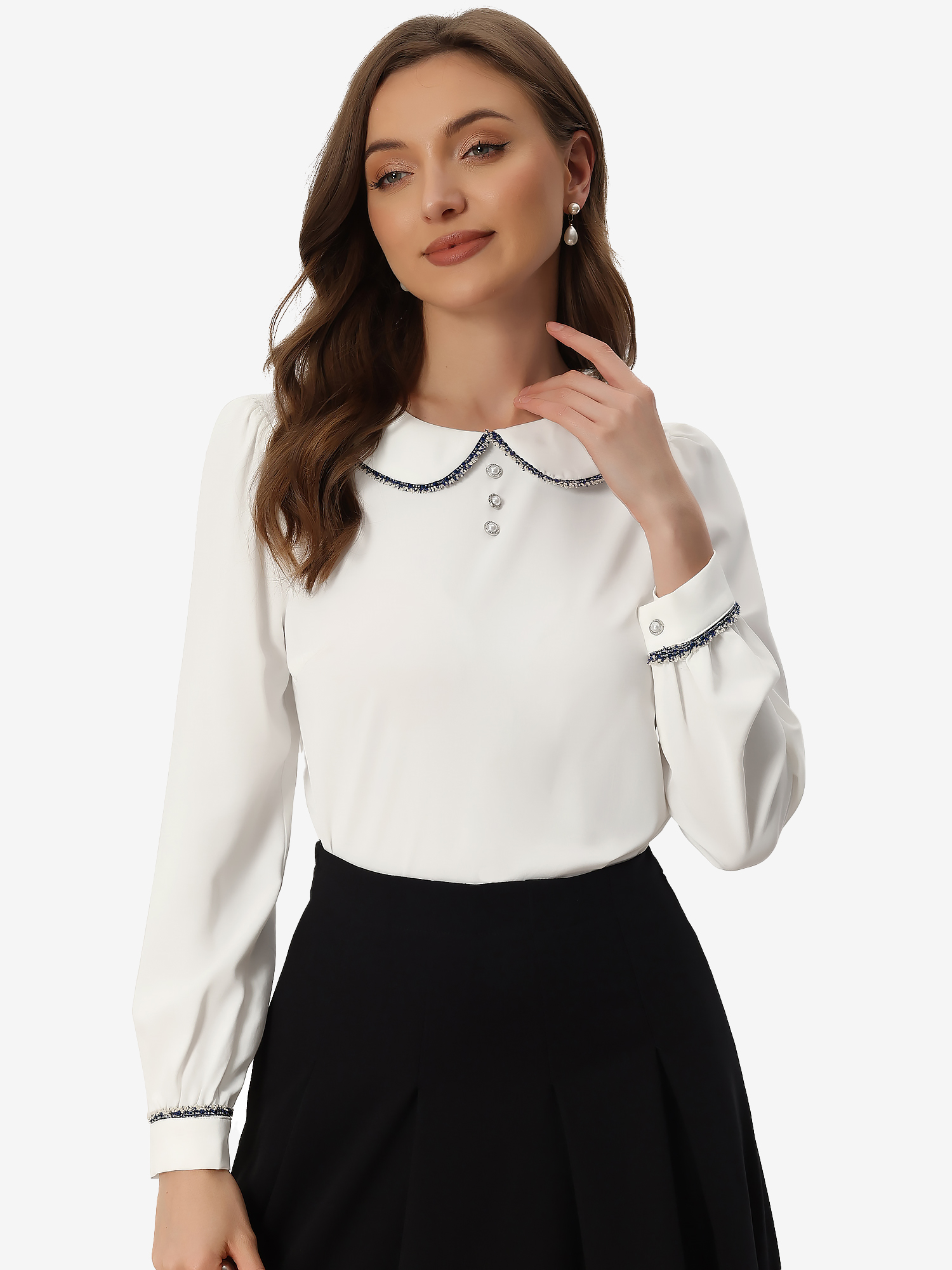 Work Blouse Long Sleeve Peter Pan Tops White/L