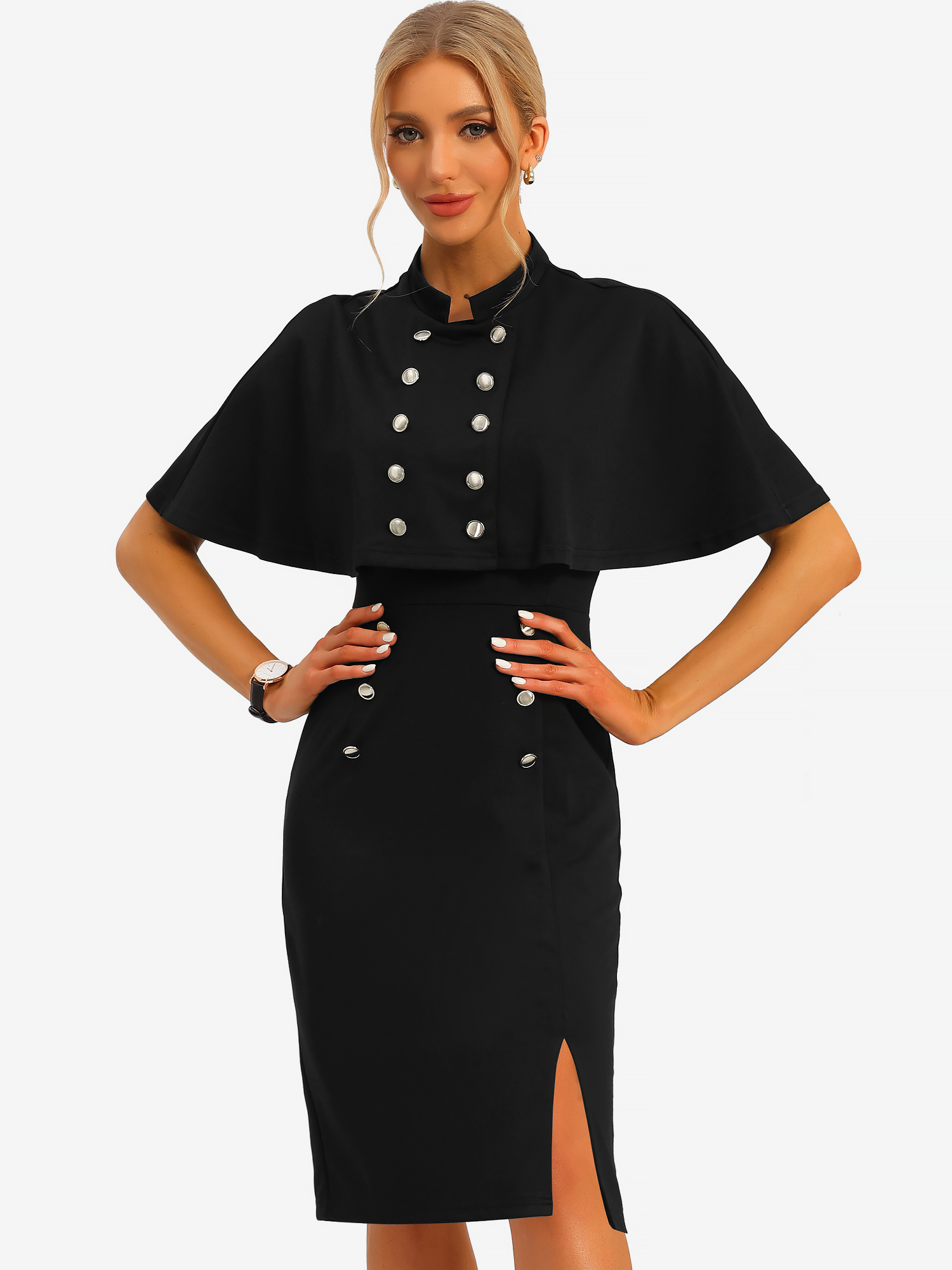 Elegant Business Double Breasted Two Pieces Cape Dress Sets Black/XS