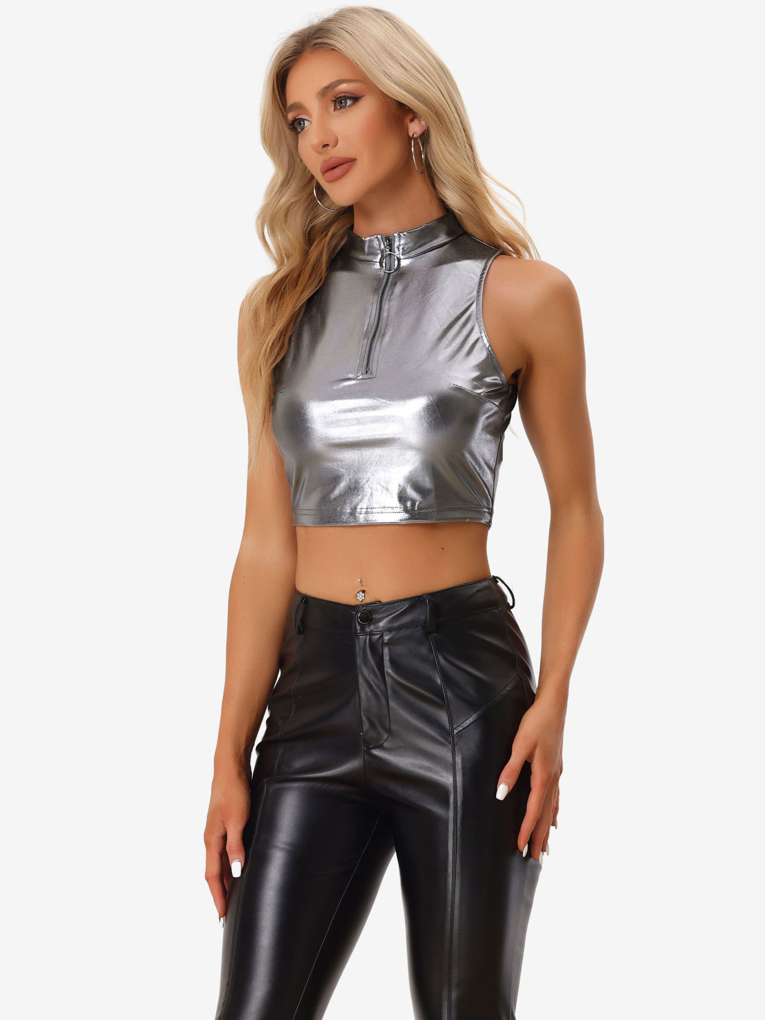 Metallic Crop Tops Mock Neck Zip Up Shiny Holographic Tank Top Black Silver/M