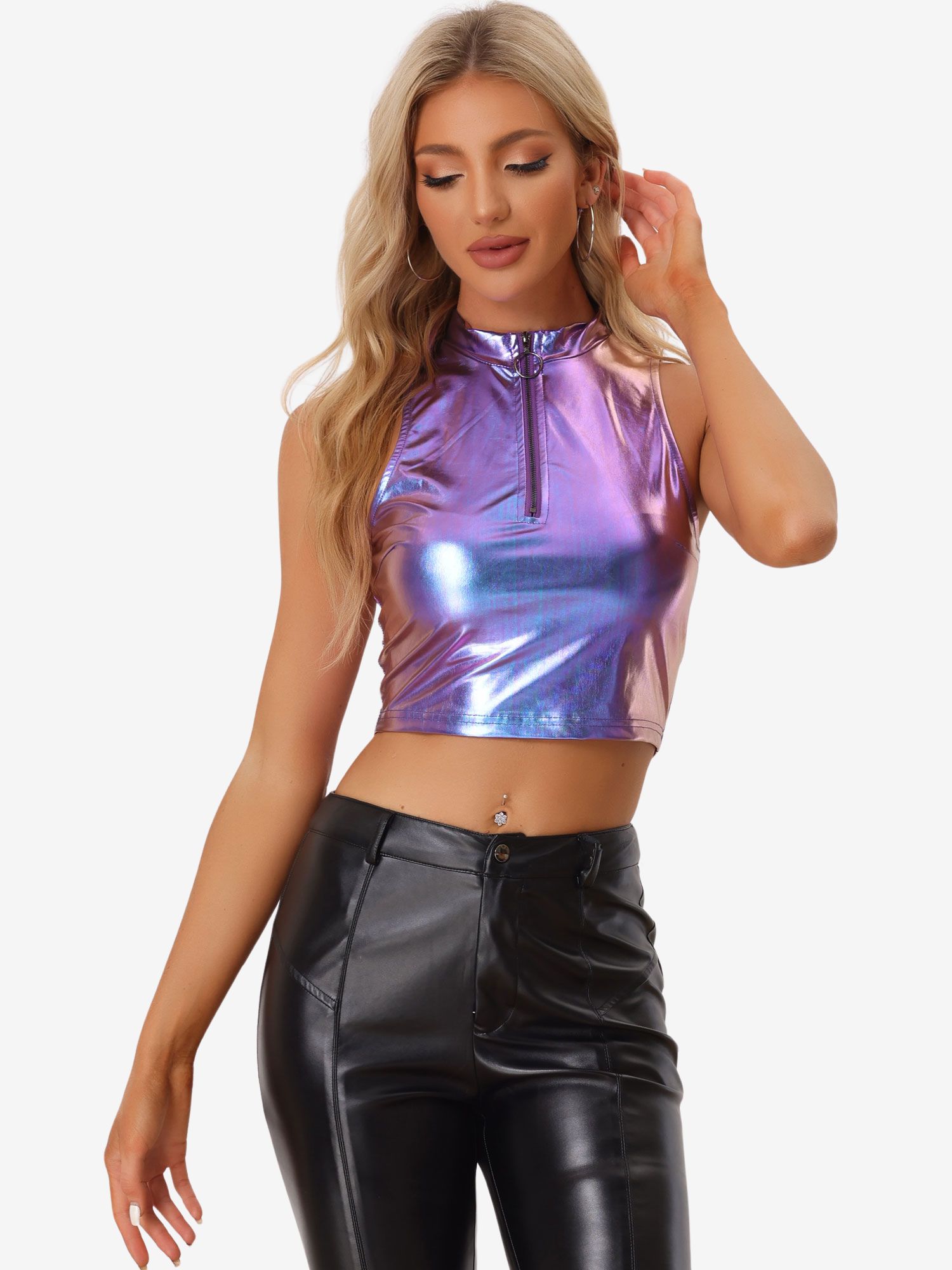 Metallic Crop Tops Mock Neck Zip Up Shiny Holographic Tank Top Blue Purple/XS