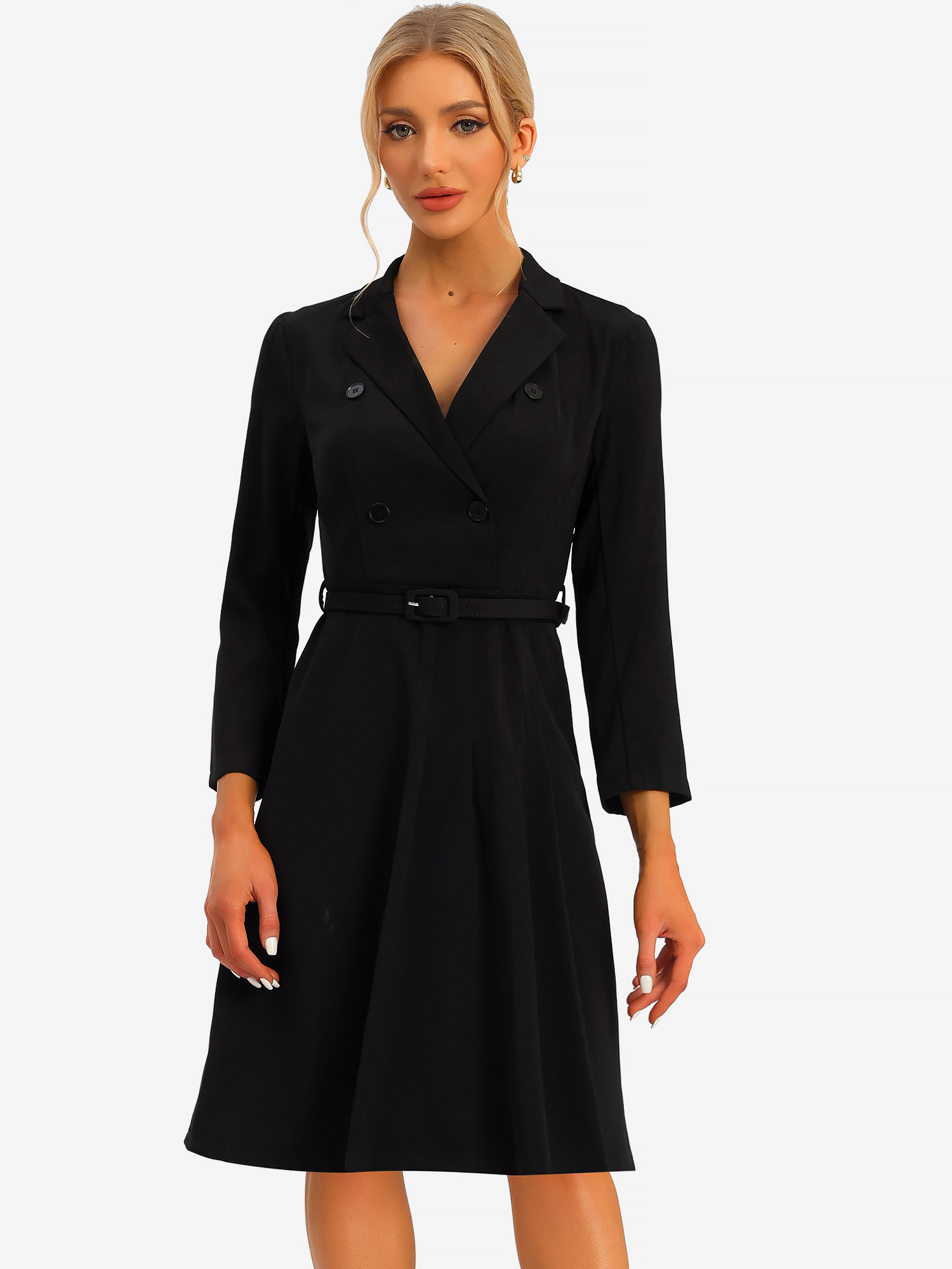 Work Elegant Notched Collar Belted Pleated Button Blazer Dress Black/XS