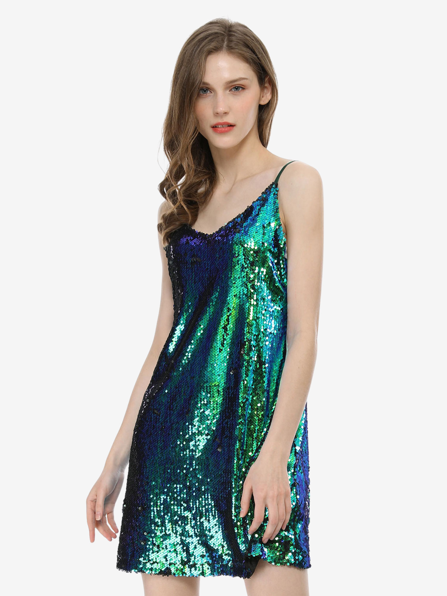 Glitter Sequin V Neck Spaghetti Strap Mini Party Dress Green/3XL